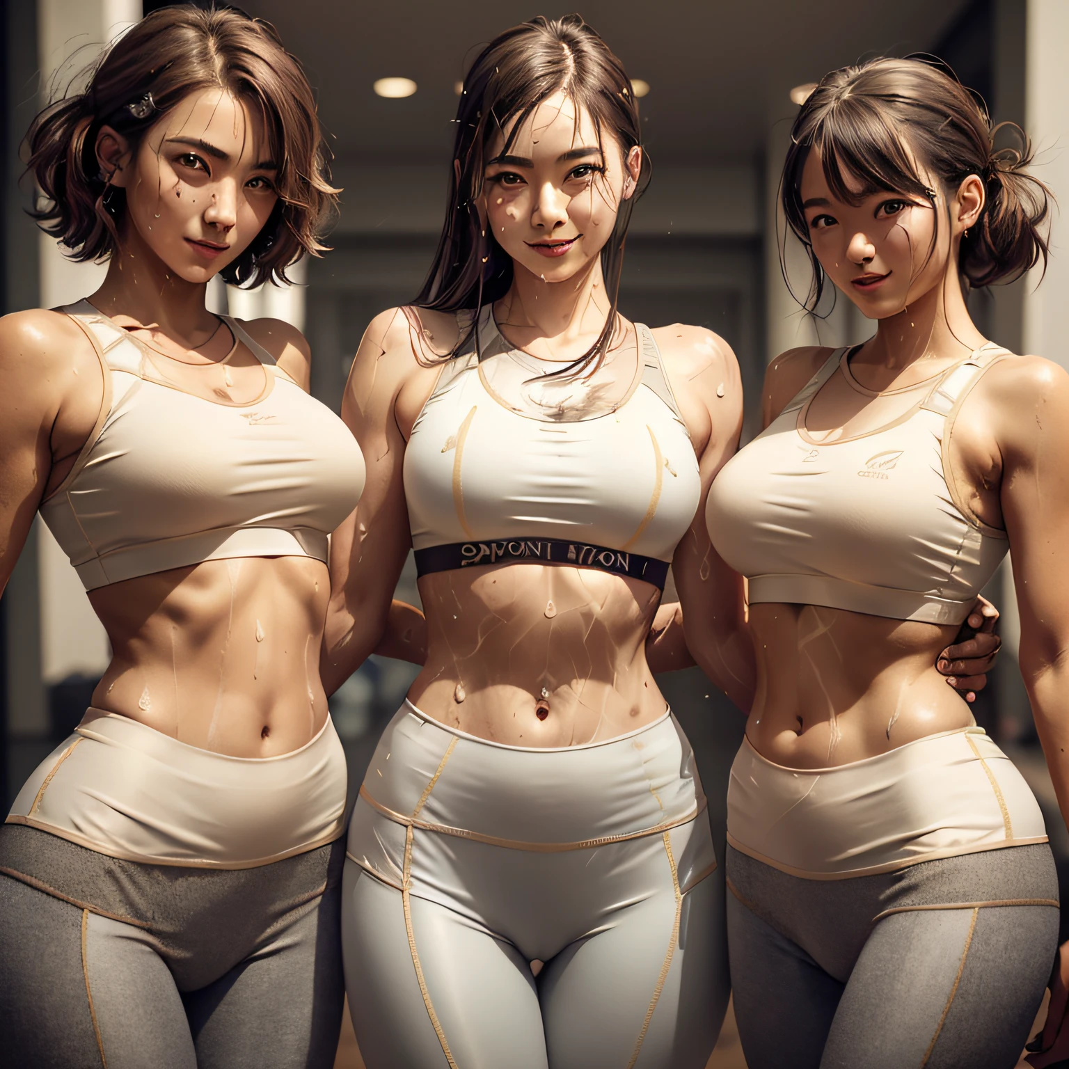 (solo), (a detailed full body RAW photo of a girl), (masterpiece:1.0), (best quality:1.4), (ultra highres:1.2), (photorealistic:1.4), 8k resolution, Canon EOS R5, 50mm, absurdres, ultra detailed, (18yo), sharp focus, cinematic lighting, detailed beautiful face, (makeup:1.2), (ulzzang-6500-v1.1), petite figure, detailed skin texture, pale skin, flat chest, (skinny and fit body:1.3), thigh gap, detailed brown hair, (very messy hair:1.5), (Avril Lavigne:0.7), smiling, (sports bra, sports leggings:1.4), realistic glistening skin, (bedroom:1), (cameltoe:1.3), (sweating:1.45), slim waist, seductive smile, solo --auto
