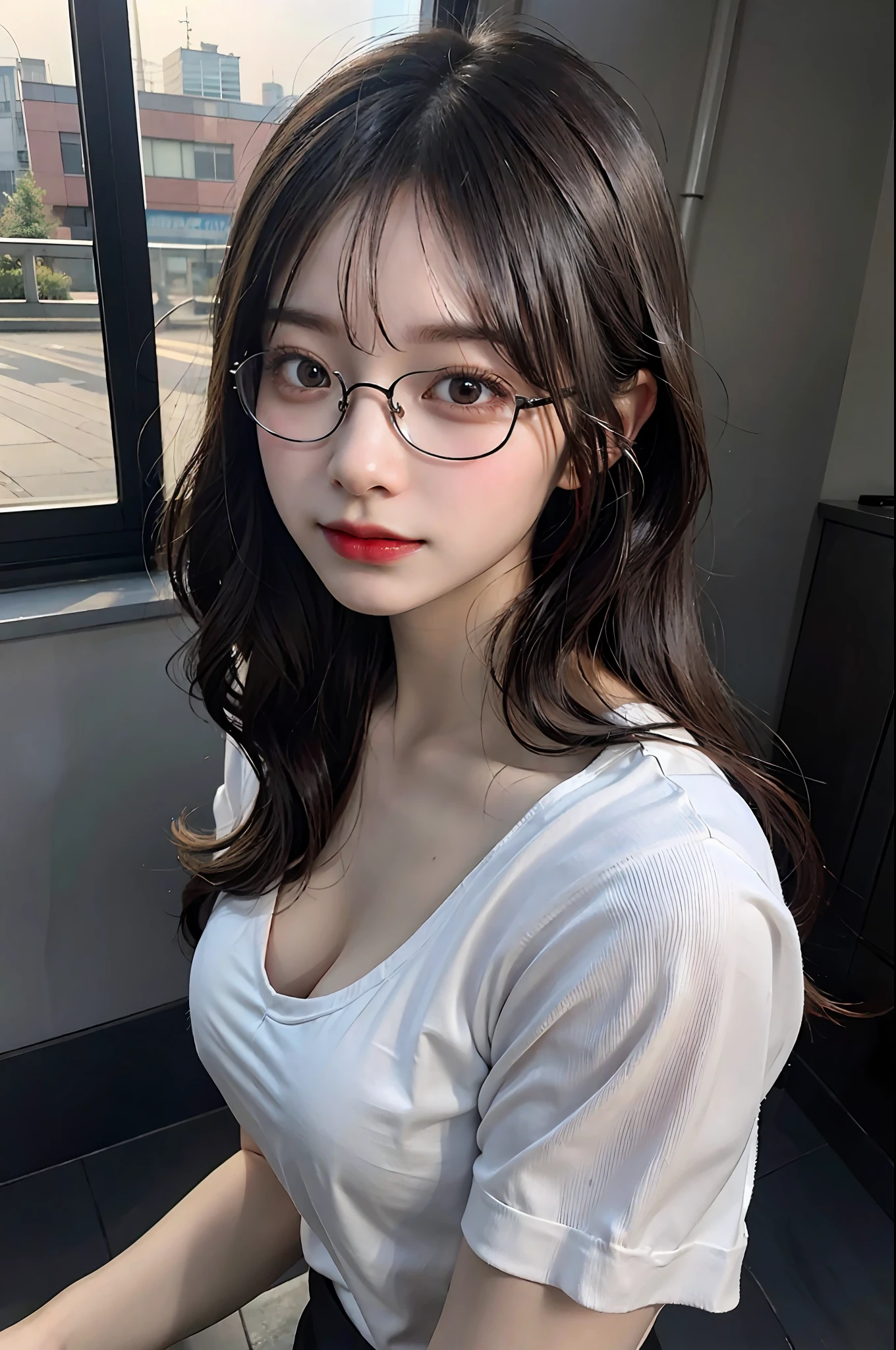 （8K，best qualtiy，tmasterpiece，超高分辨率：1.2）Photos: Beautiful Japanese woman beautiful，Beautiful and charming stylish contemporary painting with one，looking at viewert，（（sunset backdrop）），（1girll），（white shirt short sleeves），（（black pencil skirt）），obi strip，（（Hand down）），brunette color hair，Medium hair，High angle photo of gorgeous woman，realistic skin textures，head looking up，（nakeness），Round Chin，85mm art lens，f 1。2，tack sharp focus，8K high-definition，insanely details，复杂，ellegance，big cleavage breasts，dynamicposes，big cleavage breasts，wearing black rimmed glasses