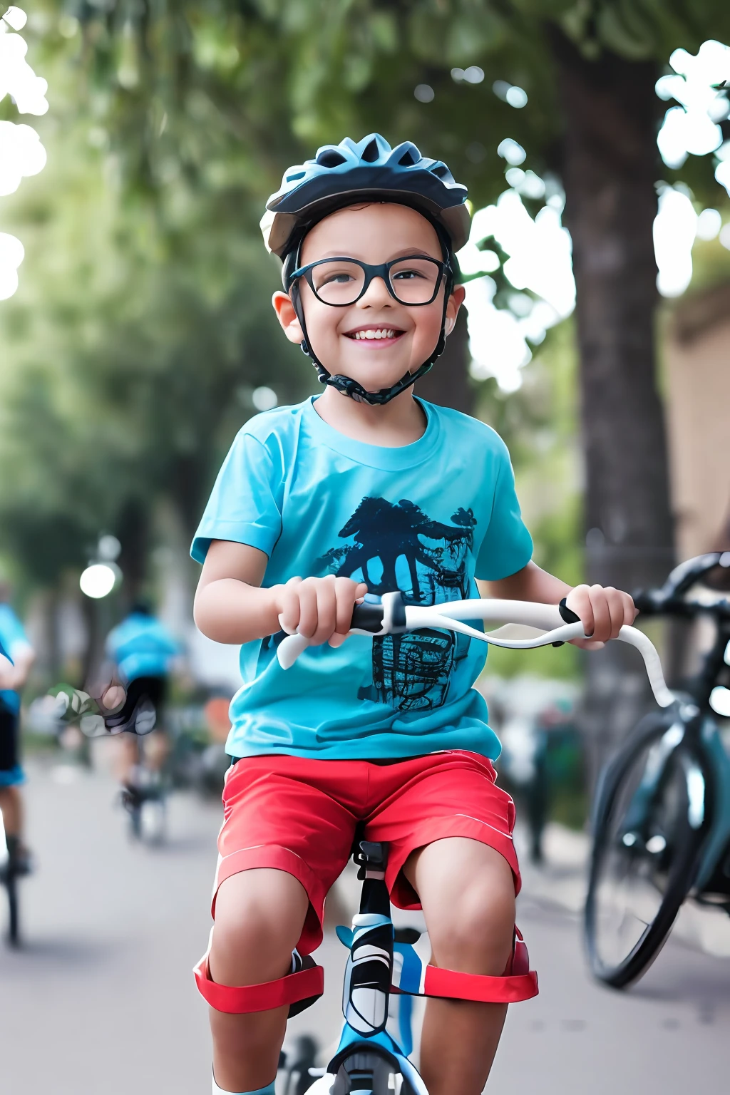guttonerdvision7, ((Best quality)), ((masterpiece)): A highly detailed illustration of a 3-year-old boy wearing glasses, with a meticulously crafted face and intricate skin pores. He is dressed in a t-shirt and shorts, riding a bicycle on a street surrounded by buildings and trees. The scene captures the boy's joyous expression as he enjoys his bike ride. The background is skillfully blurred to emphasize the focus on the boy. Eye level, scenic, masterpiece.