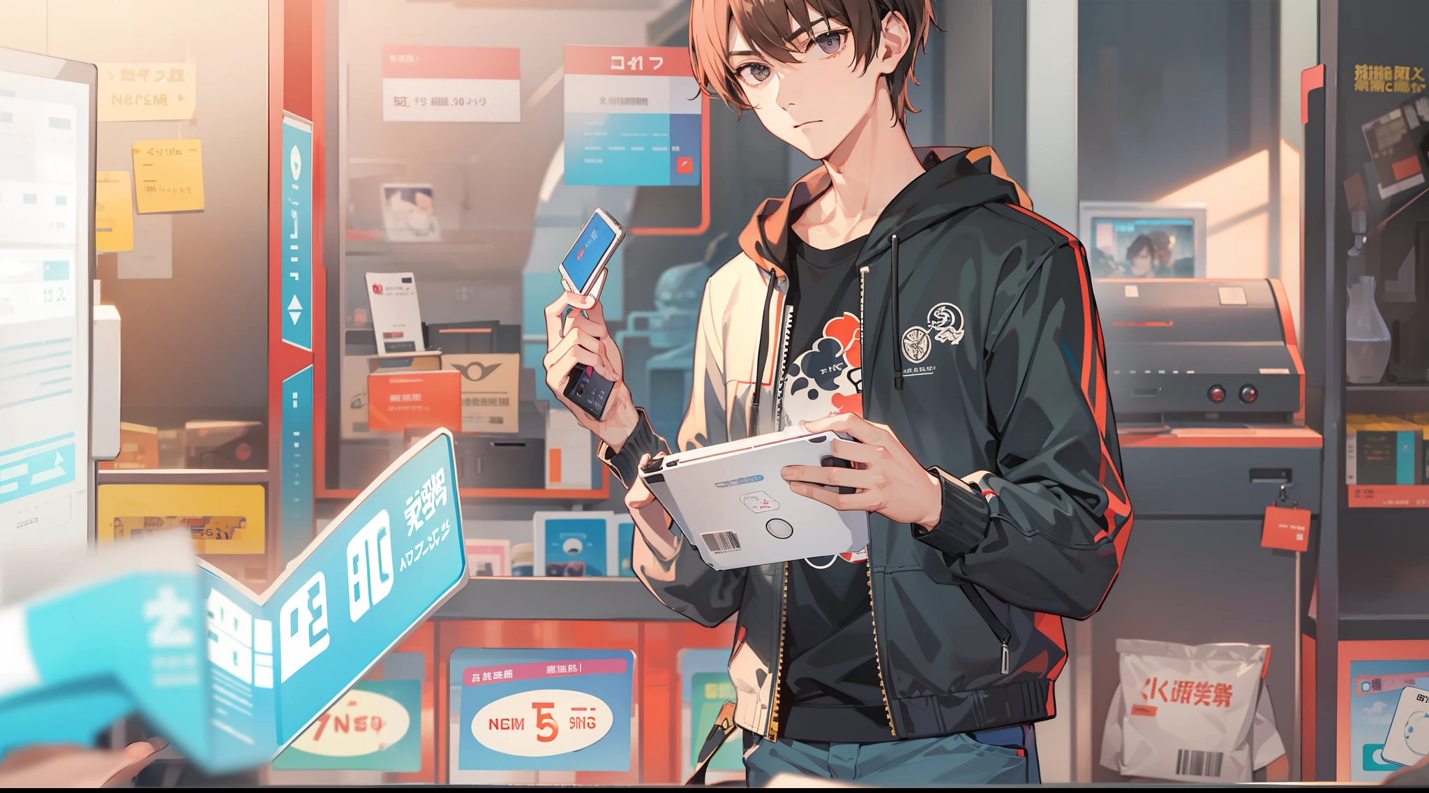 /imagine prompt: A player holding a game device, with an unwilling expression on his face, and the system display next to him showing his queue number, by Manhua --niji 5