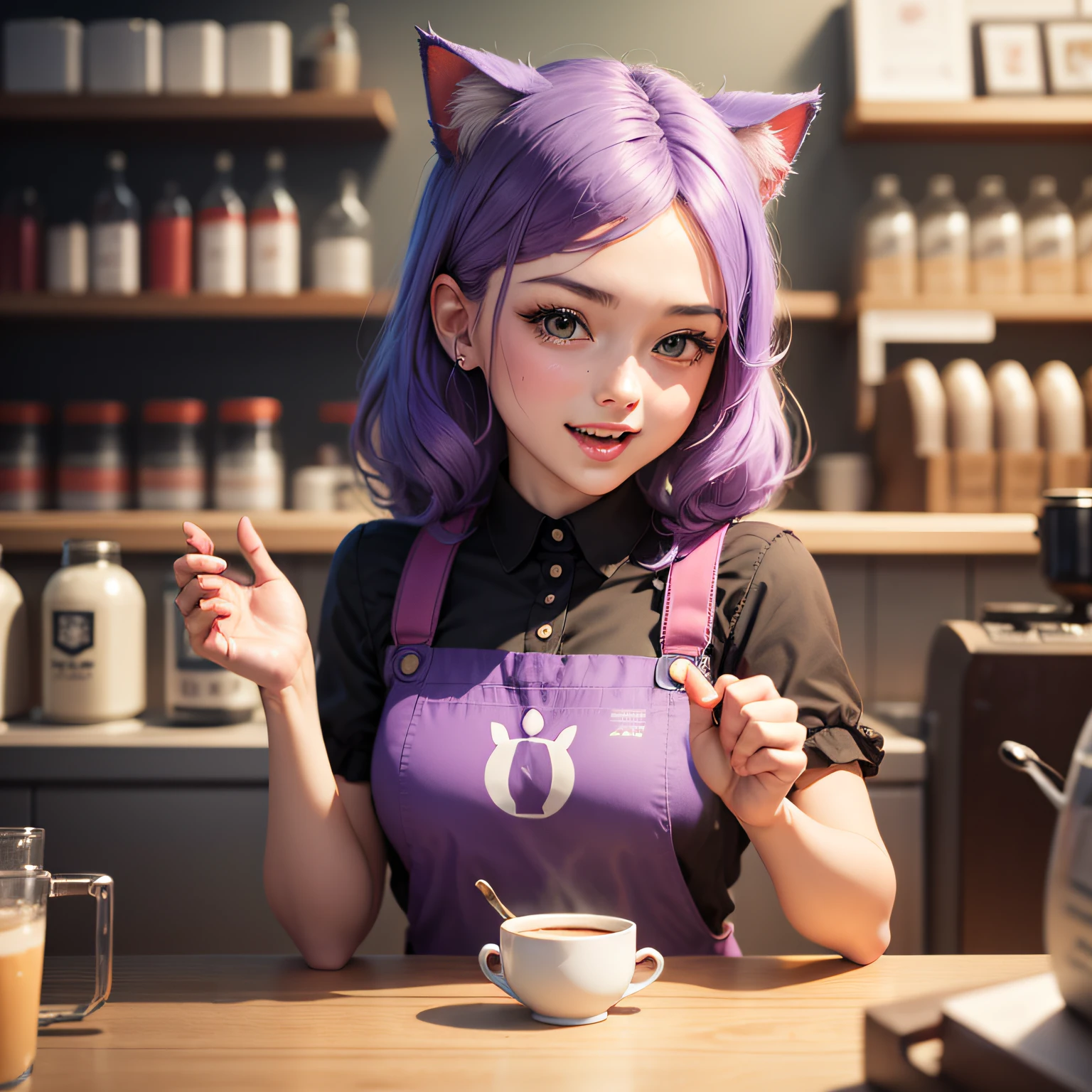 Soviet style, soviet propaganda poster, virtual_youtuber, Best Quality, masutepiece, Girl having fun with cat in the middle of empty park, lomg purple hair, wearing barista attire,