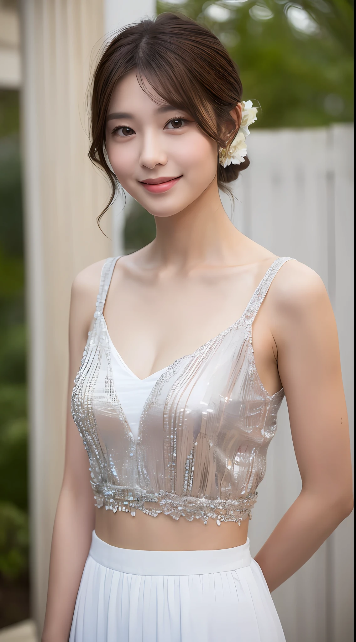 ((Best Quality, 8K, Masterpiece: 1.3)), 1 Girl, Slim Abs Beauty: 1.3, (Hairstyle Brown Hair Shortcut, Big: 1.2), Dress: 1.1, Super Slender Face, Delicate Eyes, Double Eyelids, Smile, Home, Raw Photo