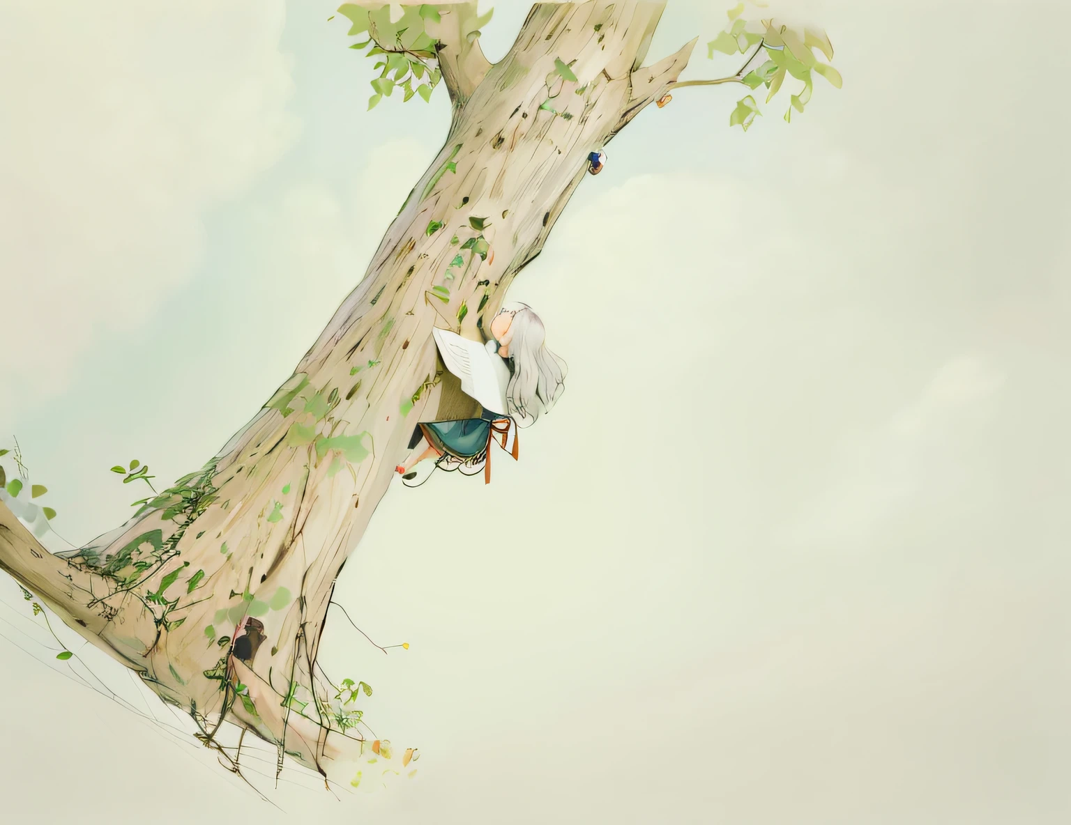 There is one girl,15year old,Quietly hide behind big trees, Sitting on a tree, Children's book illustration, children's book illustrations, on trees, children's book illustrations, children's book illustrations, children's book illustrations, A beautiful artwork illustration, storybook illustrations, storybook illustrations, leaping from babaob tree