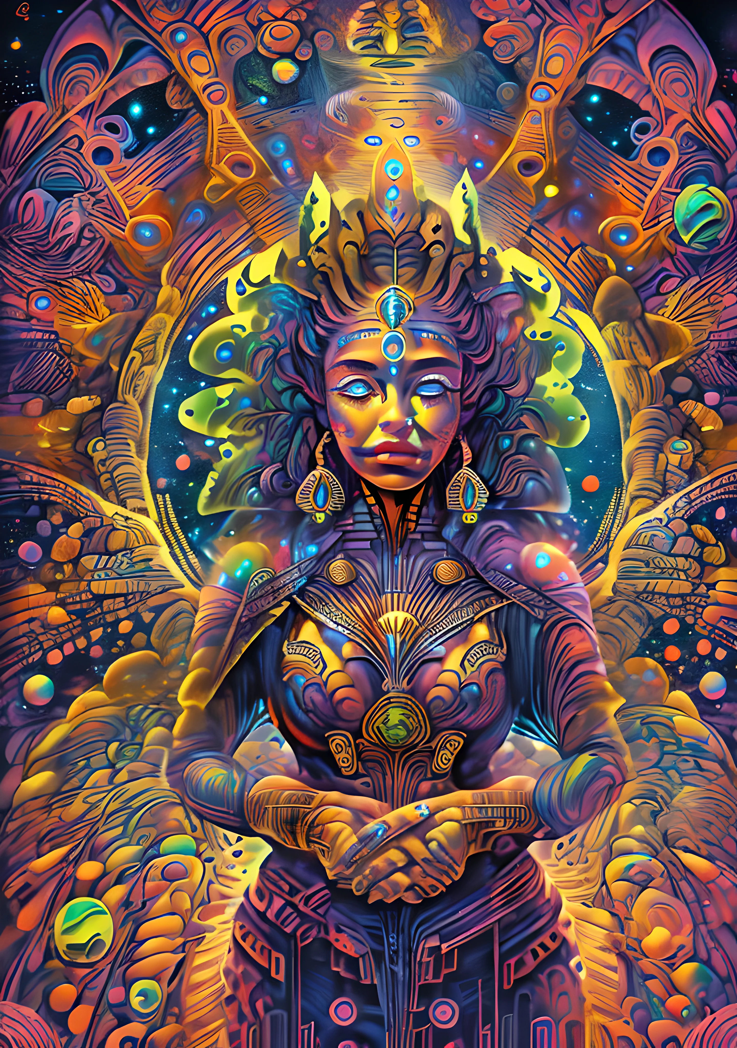 (High resolution, incredibly detailed, masterpiece), portrait of a mayan priestess with a galaxy shaped vortex in one hand, featuring fractal geometry in (vibrant colors:0.8), set against a (galactic background:1.2), bringing together complex,psychedelic mesmerizing shapes and patterns.dmt .