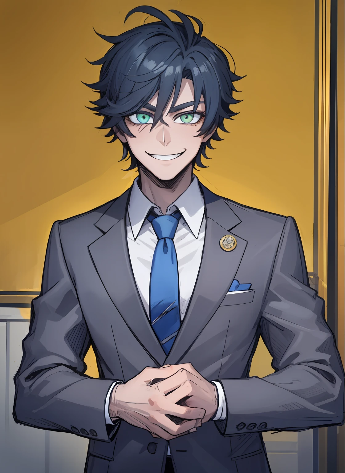 1boy, yellow left eye, blue right eye, two color eyes, cute, smug, smile, blue suit, necktie, long sleeves