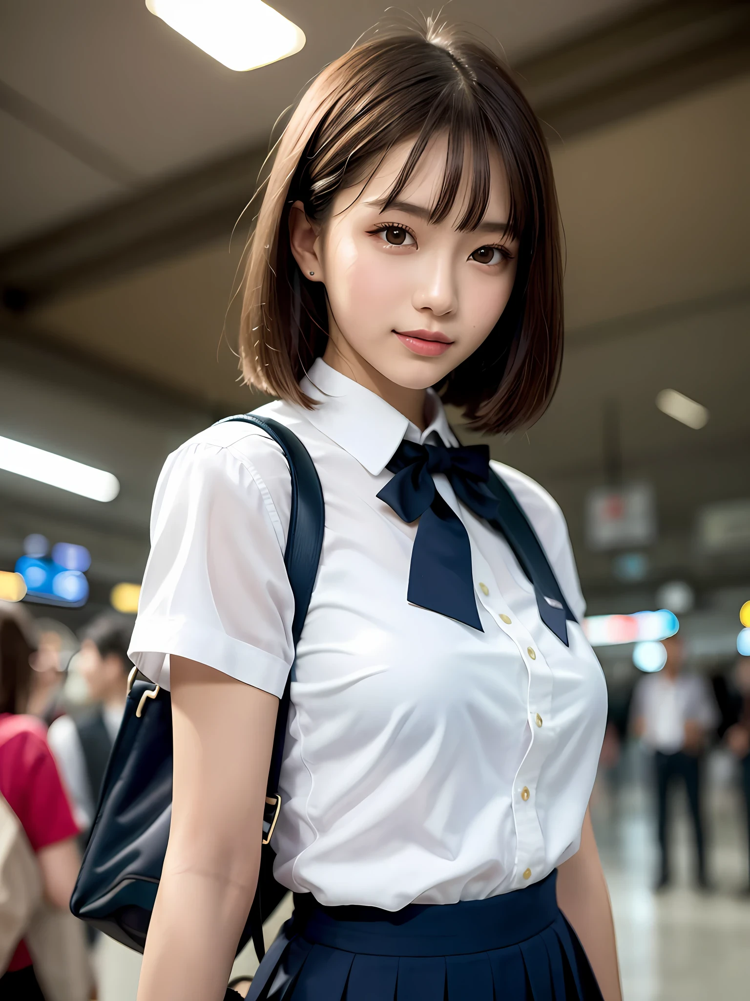 masterpiece, 1girl in 1photo, a cowboy shot, a front view, a young pretty girl in Japan, 18 years old, waiting a train on a platform in a crowded station, a big smile, glamorous figure, wearing a short sleeve shiny silk white shirt with white collar, a shiny red satin plain bow tie, wearing a long length dark blue pleated skirt, a school bag on her shoulder, super cute face, glossy lips, double eyelids for both eyes, natural makeup, long eyelashes, shiny smooth light brown hair of long bob hairstyle, asymmetrical bangs, tanned skin, center image, 8K resolution, high resolution, detailed hairstyle, detailed face, spectacular movie lighting, octane rendering, vibrant, hyper realistic, perfect limbs, perfect anatomy