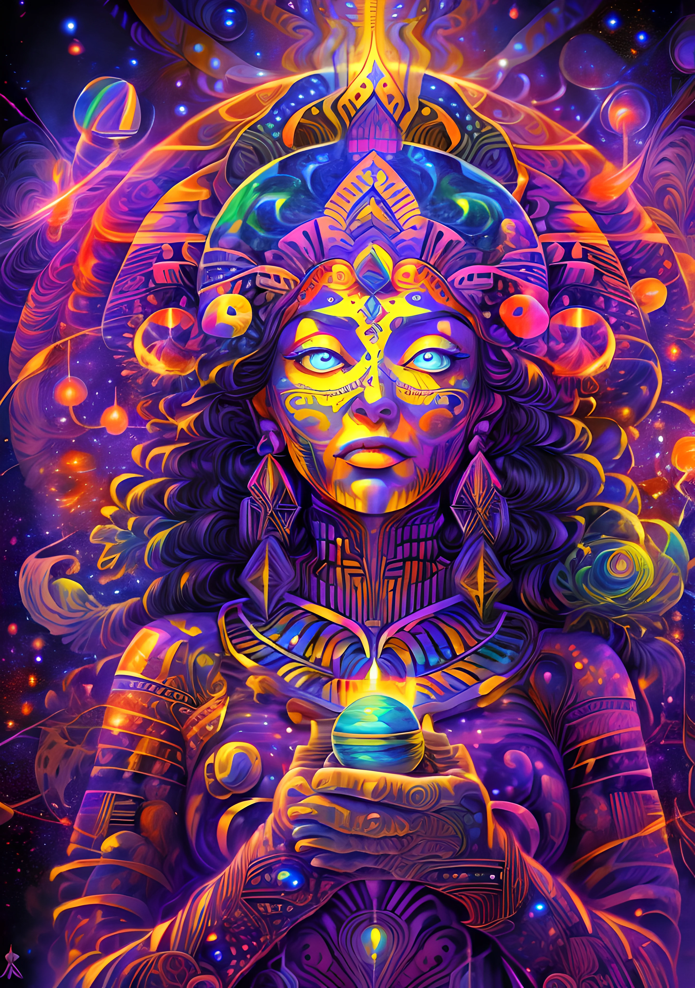 (High resolution, incredibly detailed, masterpiece), portrait of a mayan priestess with a galaxy shaped vortex in one hand, featuring fractal geometry in (vibrant colors:0.8), set against a (galactic background:1.2), bringing together complex,psychedelic mesmerizing shapes and patterns.dmt .