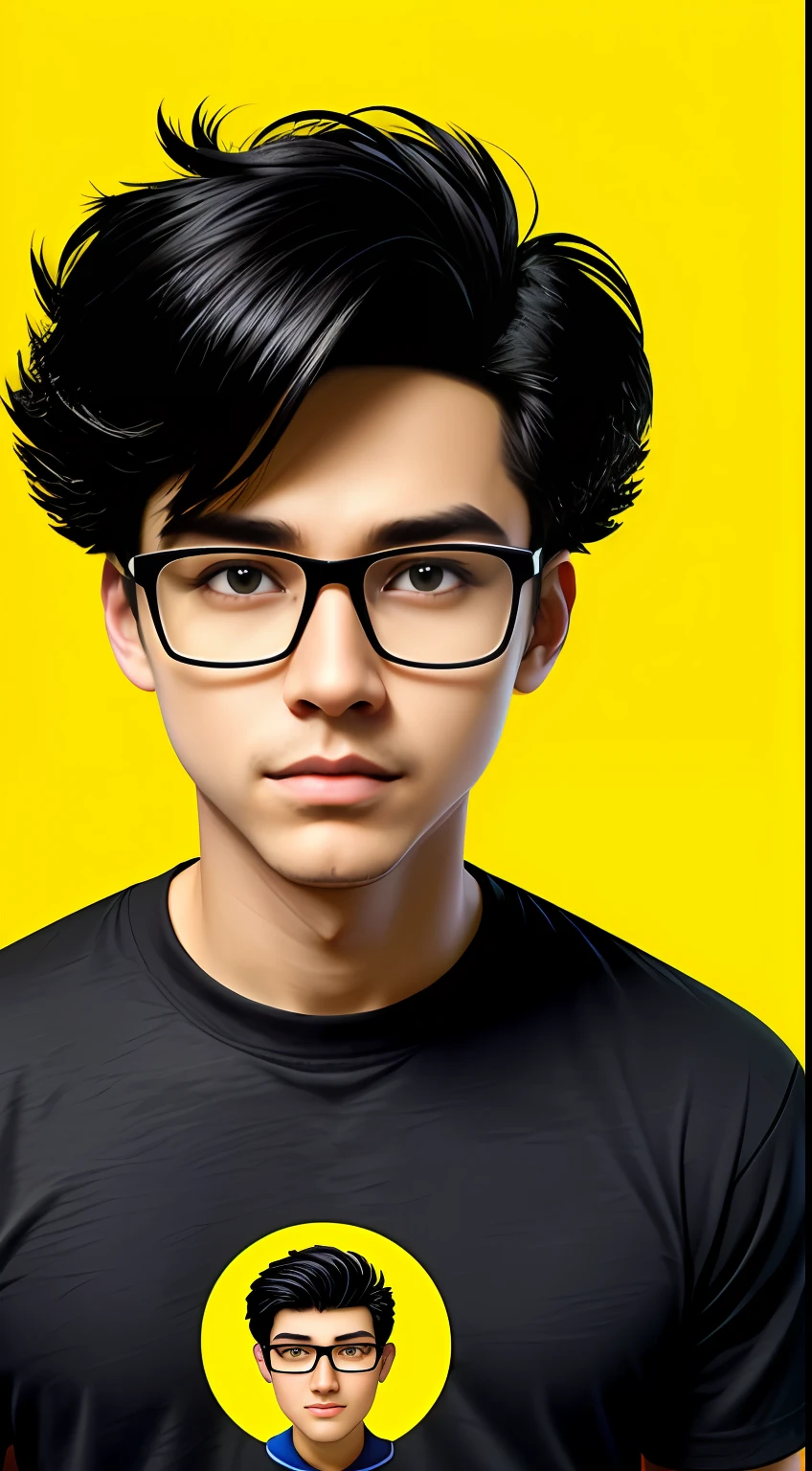 Handsome boy with black-framed glasses,black color hair,8k,pixar-style,black t-shirts,Yellow skin