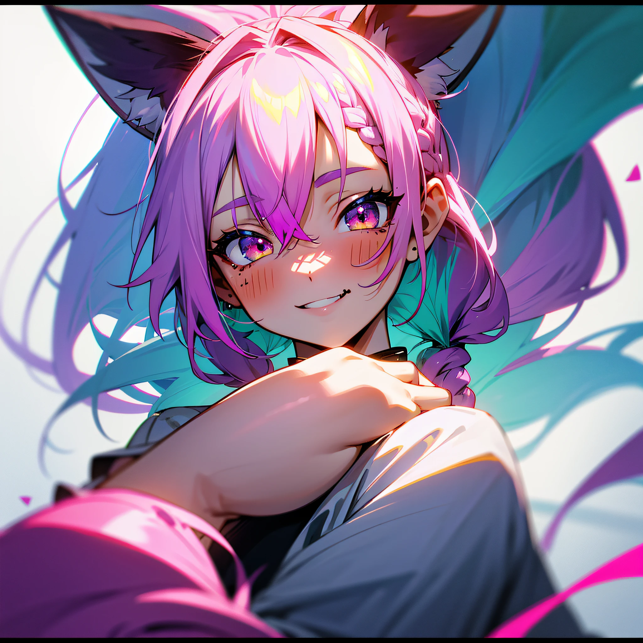 pink hair, multicolored hair, white hair, blonde hair, purple hair, light blue hair, green hair, braided ponytail, anchor choker, mole under mouth, fluffy fox ears, multicolored eyes, fox ears, smile, shy, blush, seductive smile, ear blush, fang, anime style, chromatic aberration, chiaroscuro, close-up, textured skin, UHD, masterpiece, high details, 16k --auto