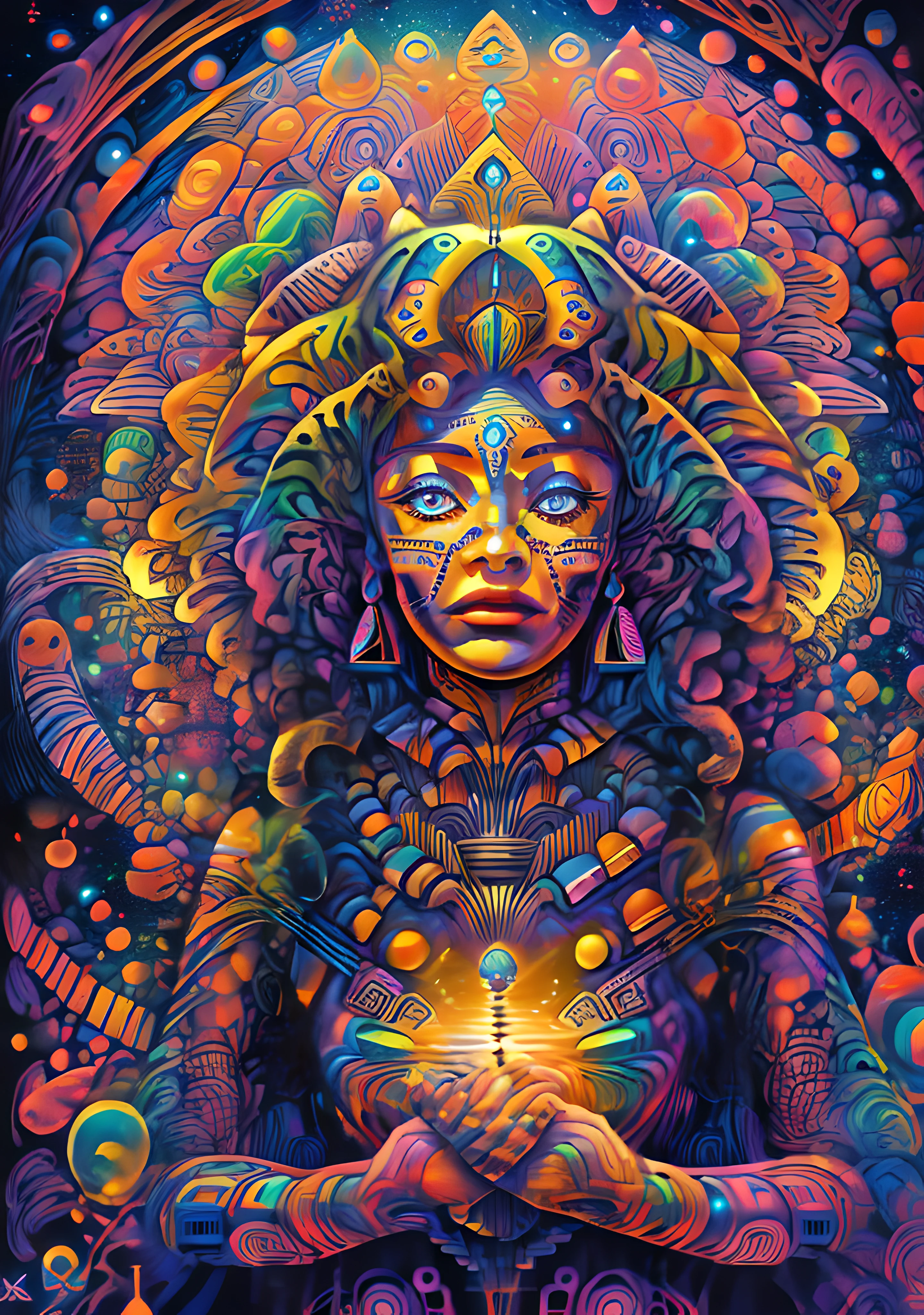 (High resolution, incredibly detailed, masterpiece), portrait of a mayan priestess with a galaxy shaped vortex in one hand, featuring fractal geometry in (vibrant colors:0.8), set against a (galactic background:1.2), bringing together complex,psychedelic mesmerizing shapes and patterns.dmt .