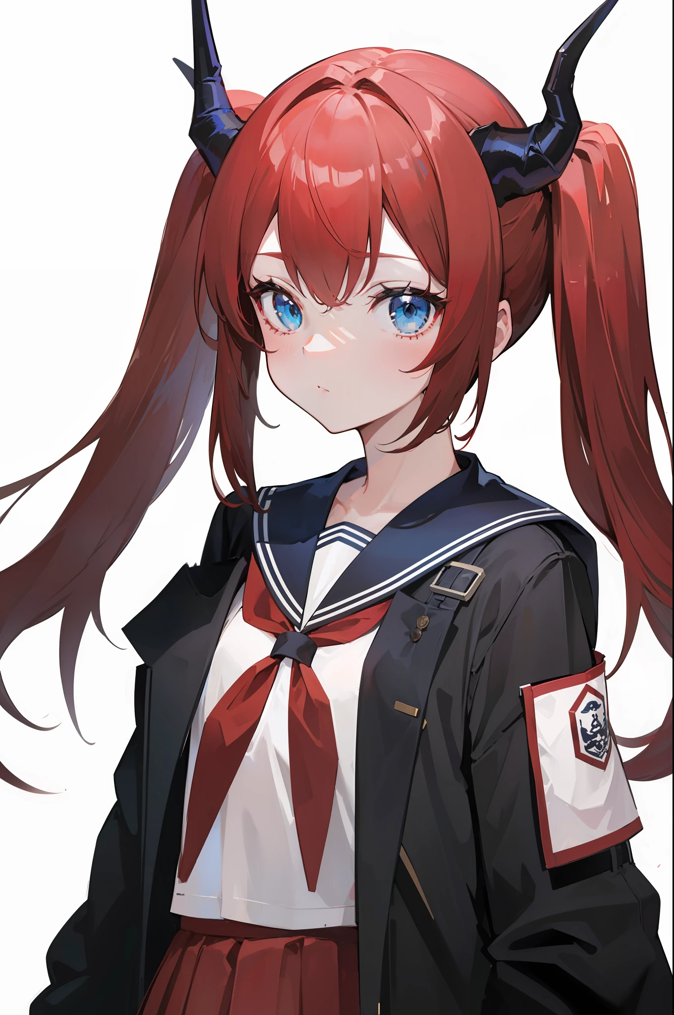 red hair, blue eyes, twintails,Sailor suit,Dragon horns,coat,red Pleated skirt,solo,1girl, arknights, long hair, ,