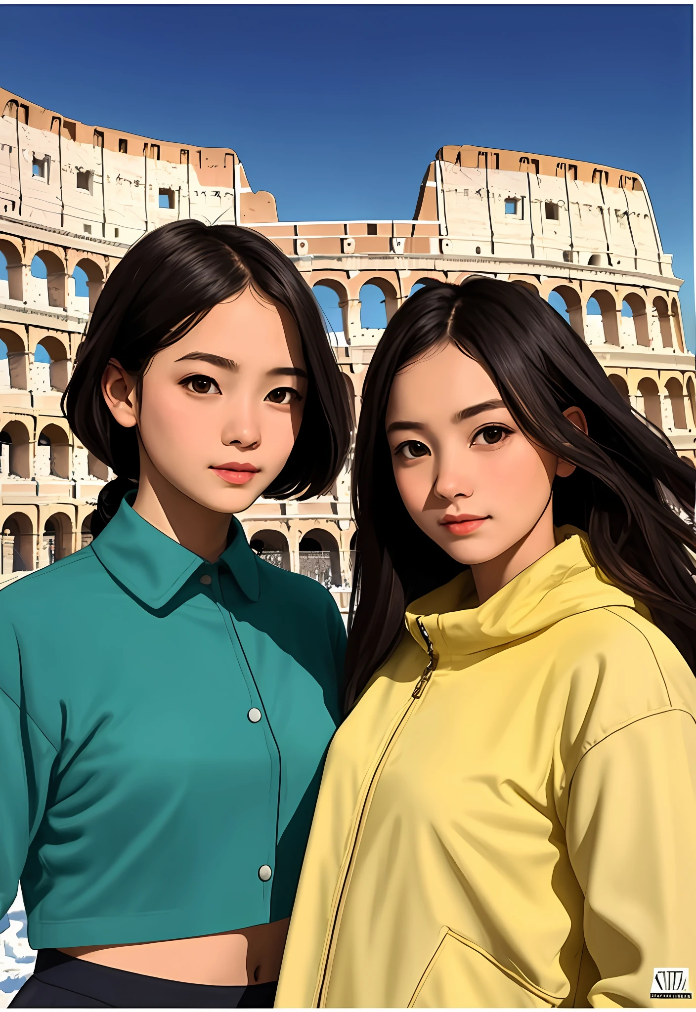 (Positive focus),2girls,duo,navel,(At the Colosseum,crowd,winter,Snowy),Surrealistic Female Portraits by David Hockney and Alphonse Mucha,Fantasy art,photograph realistic, Dynamic lighting,art stations,poster for,Volumetriclighting,Very detailed faces,4K,Award-Awarded,Fantastic costumes,Deep shadows,low tune,cowboy lens, (official outfit:1.4), looking at the camera in, Half-body shot,((Realistic face))),
