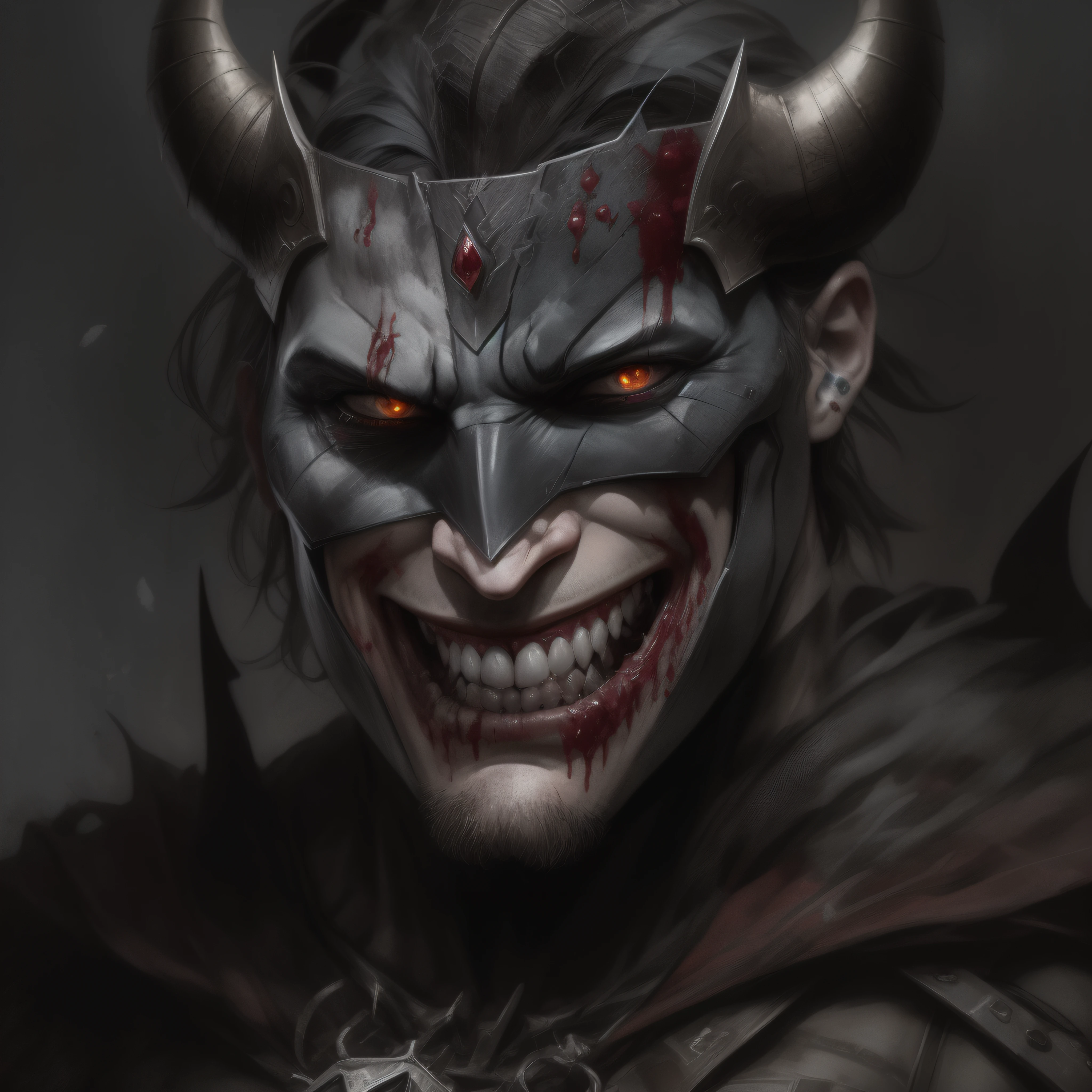 "Coringa Viking , Sorriso sinistro, blood tears, sombrio, qualidade excepcional, multiple facial scars, Batman que ri, armadura viking das trevas, Gothic style."