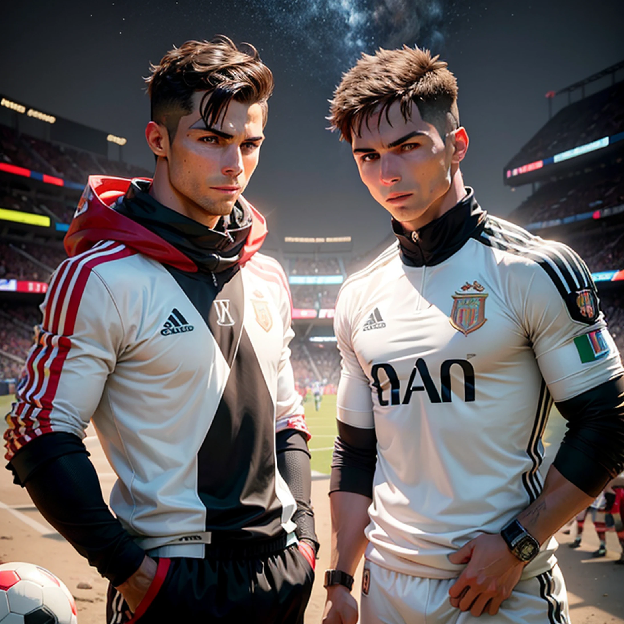 Cristiano Ronaldo and Messi,Left and right stations,mechs,sci-fy,soccer ball,Handsome,Dazzle --auto