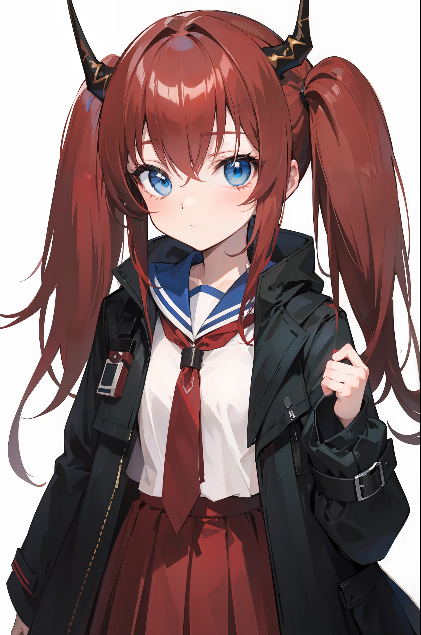 red hair, blue eyes, twintails,Sailor suit,Dragon horns,coat,red Pleated skirt,solo,1girl, arknights, long hair, ,