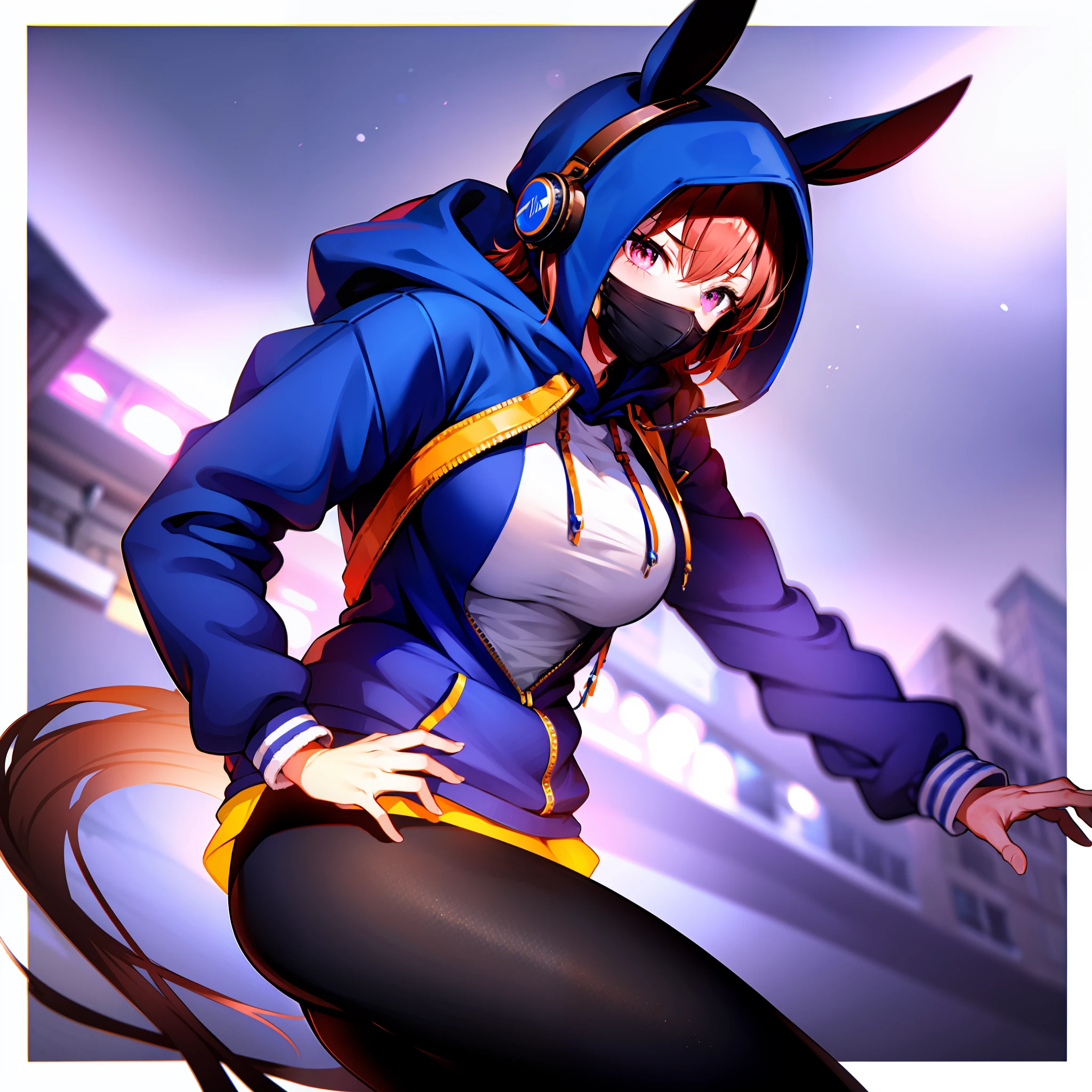 Oversized blue hoodie, big assa, 1girll, tmasterpiece, Best quality at best, full bodyesbian, posed for photo, beautifully color-coded, Tight hip leggings,white backgrounid, Studio, looks away, Covered with a hood,black facemask,Earphone,Horse Ear