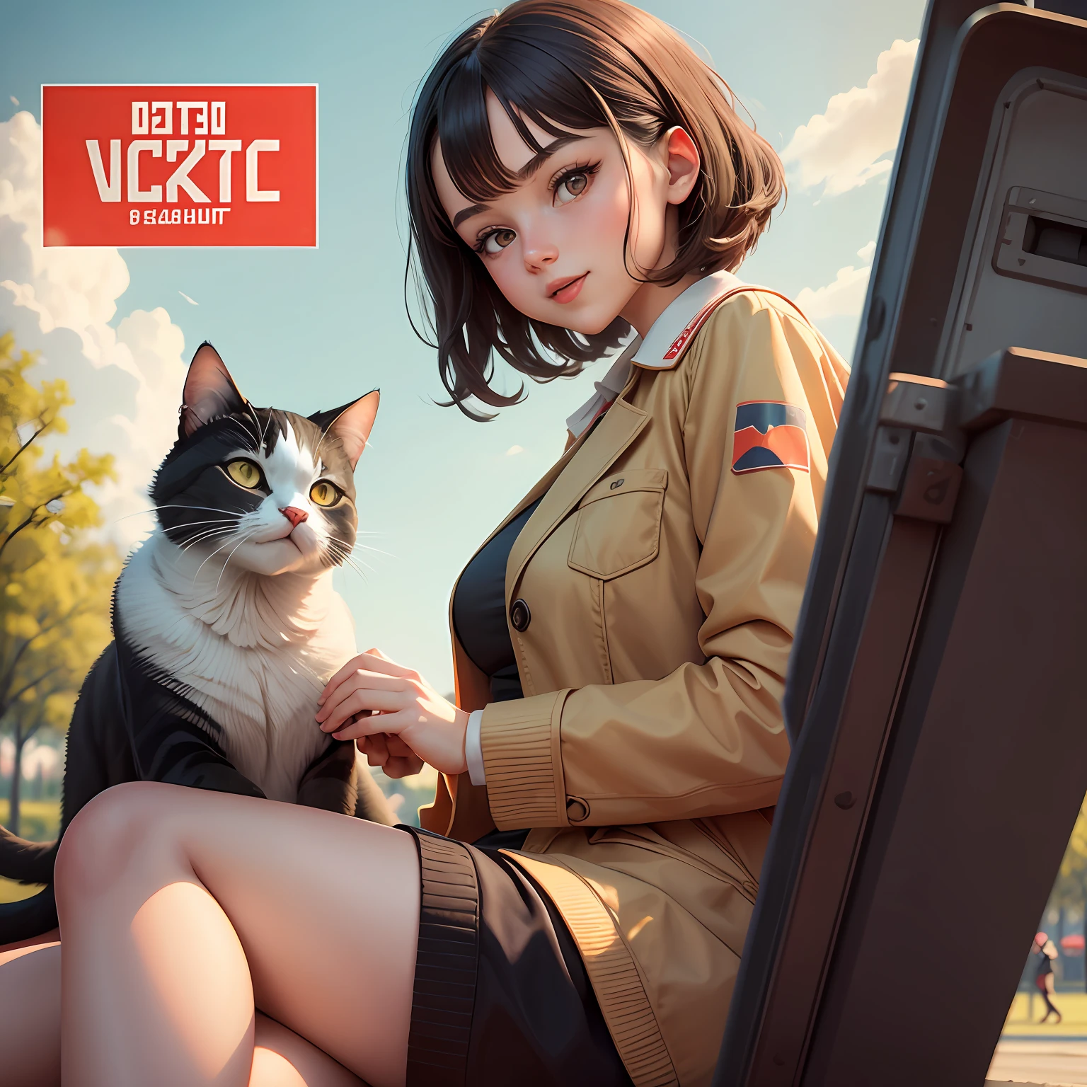 Soviet style, soviet propaganda poster, virtual_youtuber, Best Quality, masutepiece, Girl having fun with cat in the middle of empty park, A dark-haired, wearing barista attire,