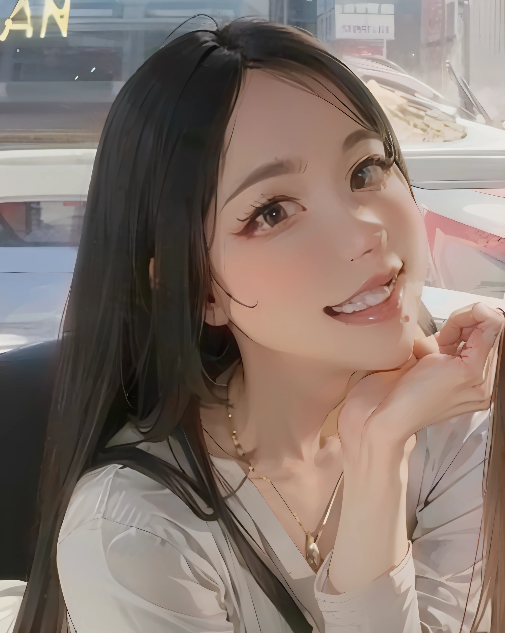 Animation style,Light gray top,cabelos preto e longos,hair straight,Hand on chin