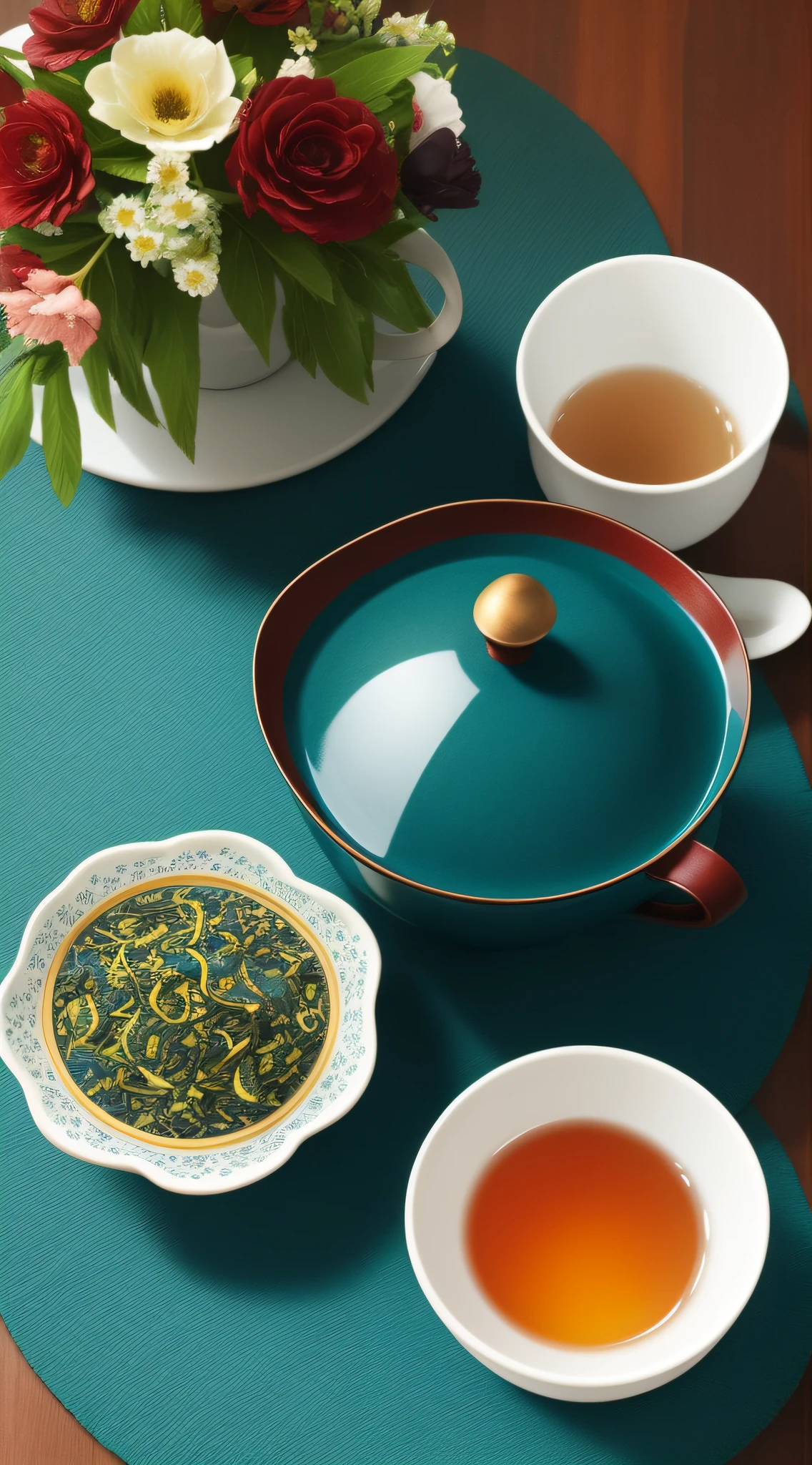 tea drinking with flowers on the table, in thestyle of dark teal and dark brown, cherry blos-soms,asian-inspired,grandiosecolorschemes, sky-blue and green, textural rich-ness.