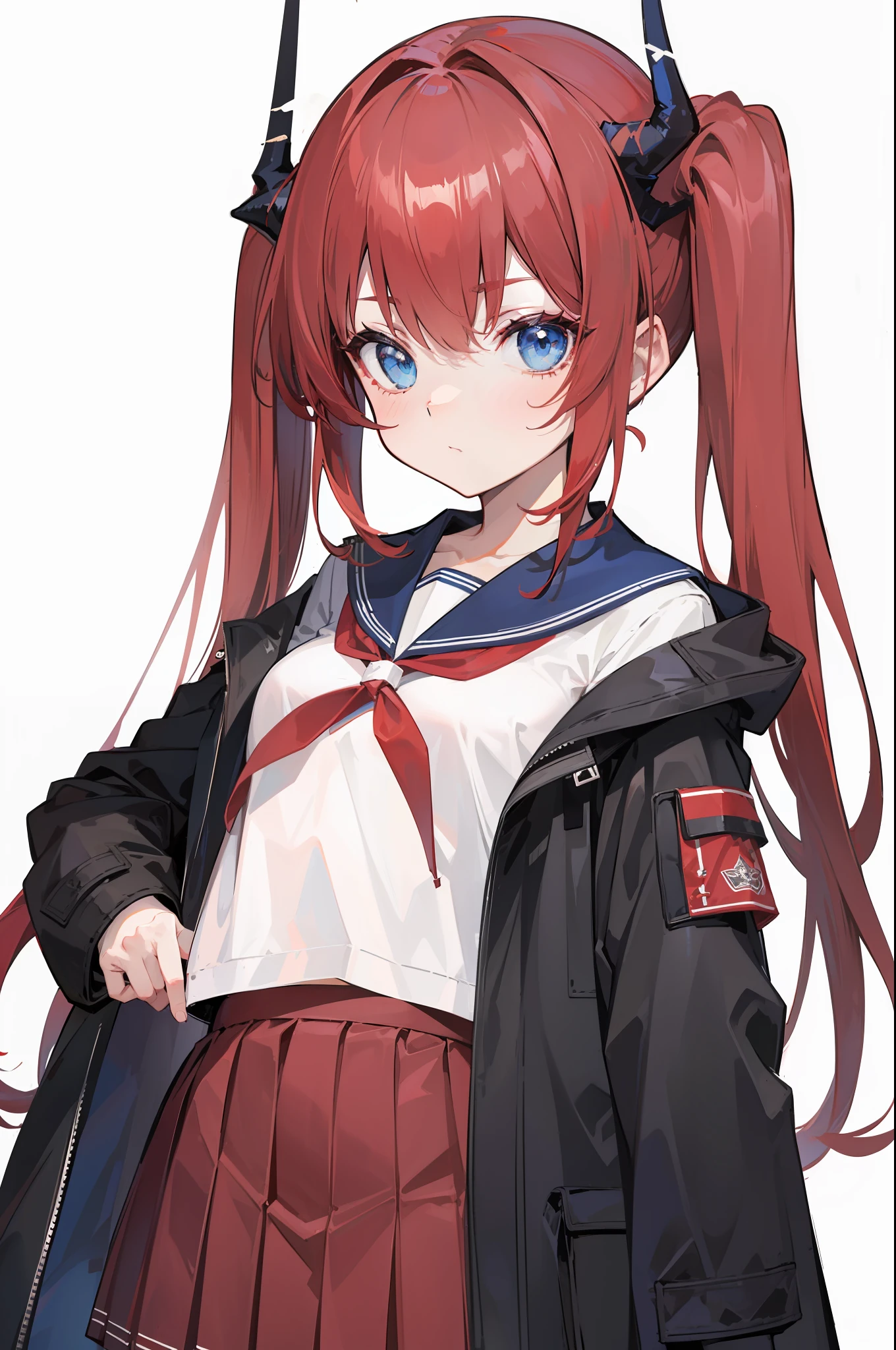 red hair, blue eyes, twintails,Sailor suit,Dragon horns,coat,red Pleated skirt,solo,1girl, arknights, long hair, loli,