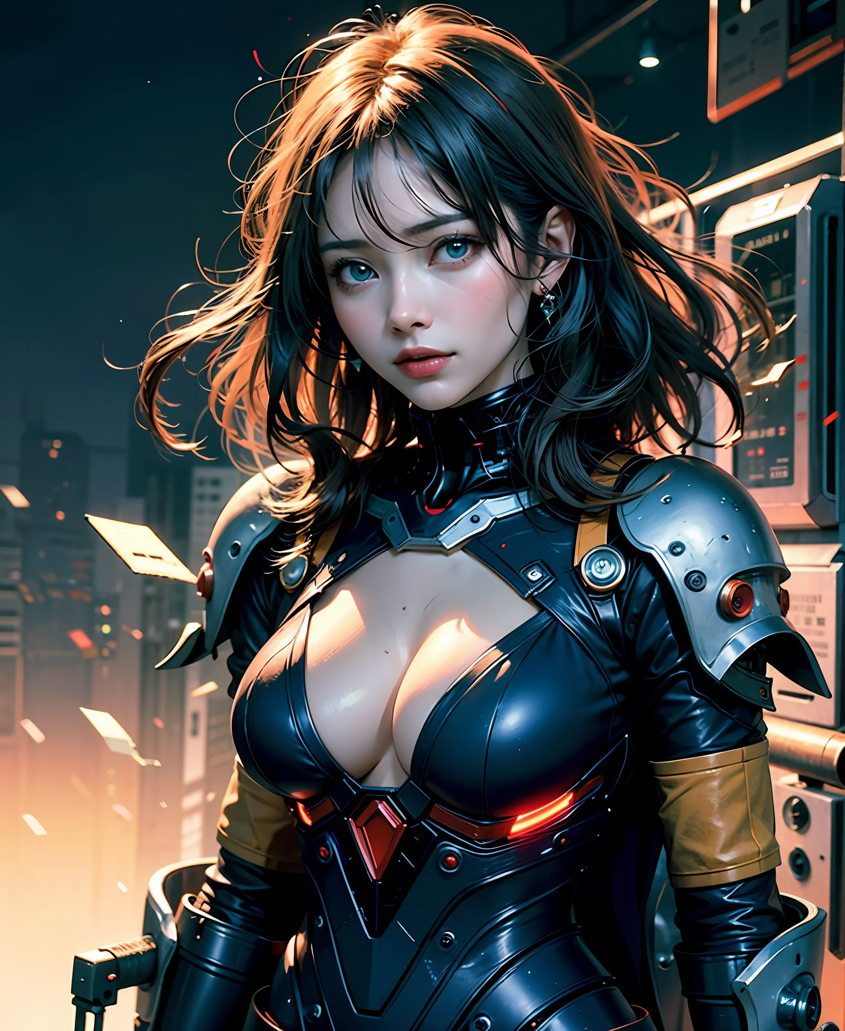 Evangelion Girl、Colossal tits、The face and chest are alive、Cleavage is visible。photoRealstic、portfolio、Gundam-style metal mecha suit、an oppai cyberpunk、metalic、detailed mechanical components、Bundle of thin tubes、Metal cylinder、Detailed neon、Fine LED、white  hair、long fluttering hair、strong breeze、Orange Eyes、radiant eyes、full bodyesbian