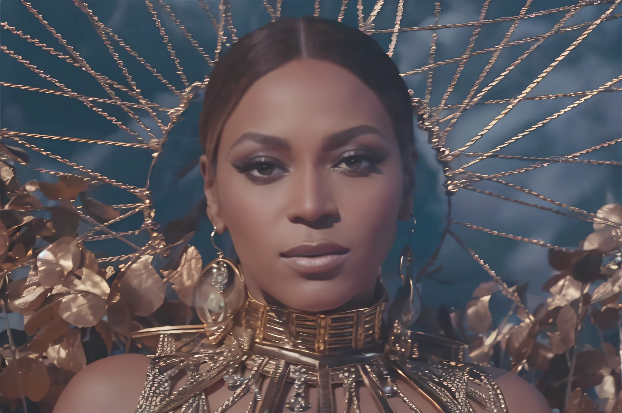 um close up de uma mulher usando um vestido dourado e um colar, beyonce, beyonce as the pope, beyonce's portrait, beyonce as wonder woman, Deusa Rainha, beyonce putting on a show, feroz - olhando, videoclipe, rainha bonita, still from a music video, beyonce's Live Show, olhando desta forma, youtube video screenshot, video still, rio, iconic shot