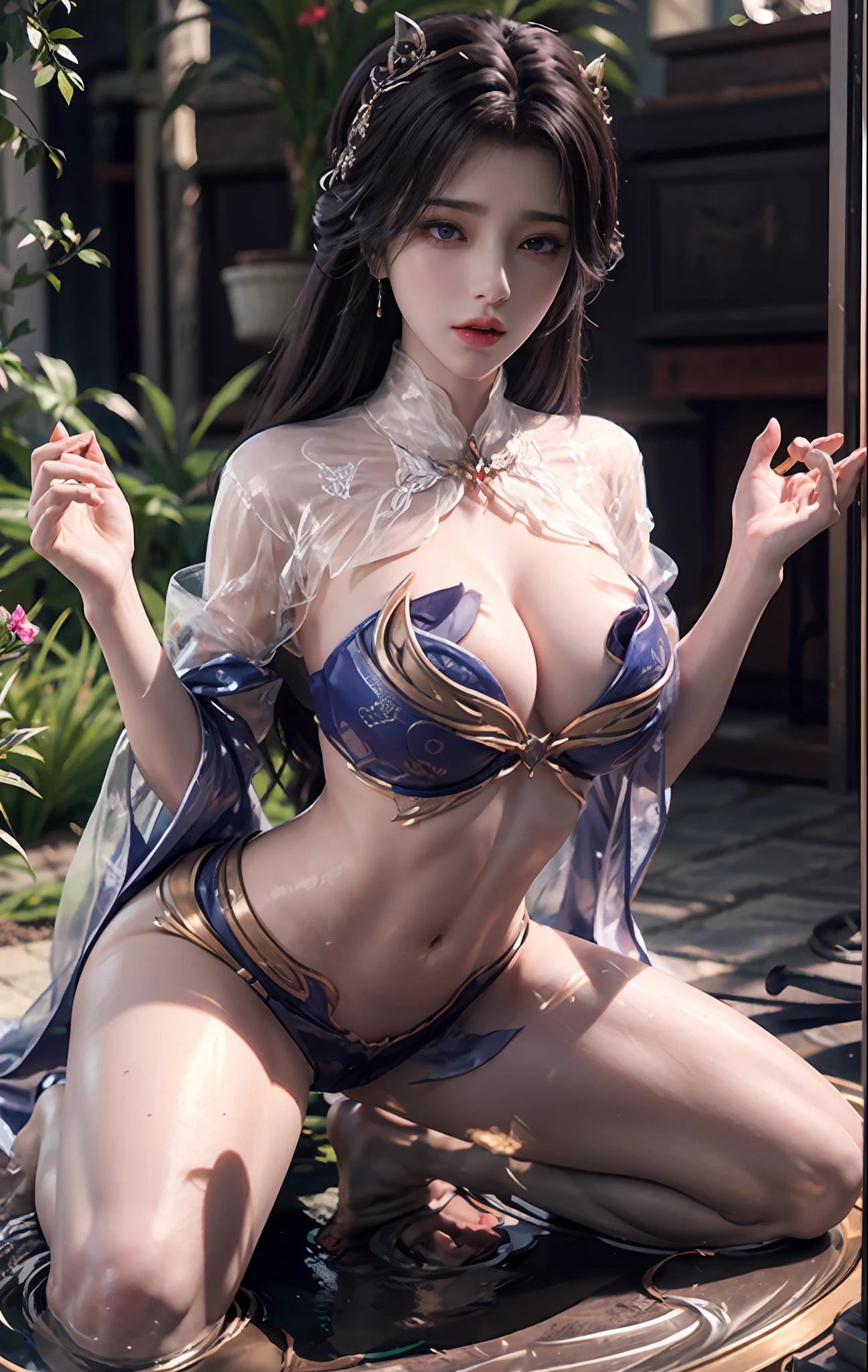 Jeizuo， Awesome， Viewer， reality，full body in shot，on knees， squat down， Brunette Hair， long long hair， Thorough， tall，Forced real water，White less cloth transparent minishirt，White transparent thong，seaside,， RAWExtremely detailed， ahegao， rolling eyes， blushing， Water runs in the mouth，Sticky tongue， Vaginal rundown， Leucorrhoea， Very huge breasts， Grab your breasts with both hands，open the legs， Sexual arousal， sexual expression，shiny glossy skin。