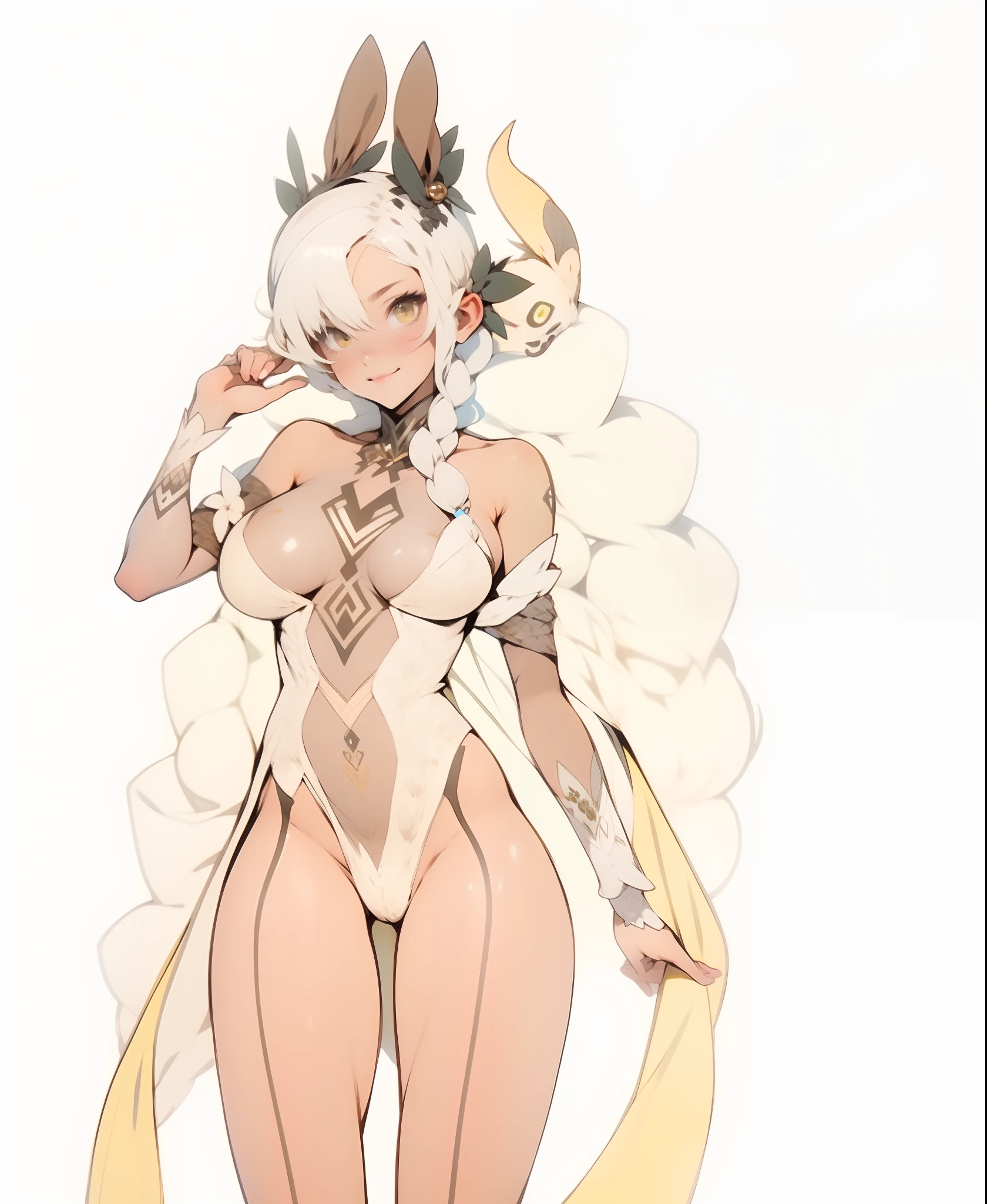 snow-white hair, bangs on one eye, Hairstyle with a braid, Highest Quality, Embossed horns, the anime, Yellow eyes, bunny suit, ssmile