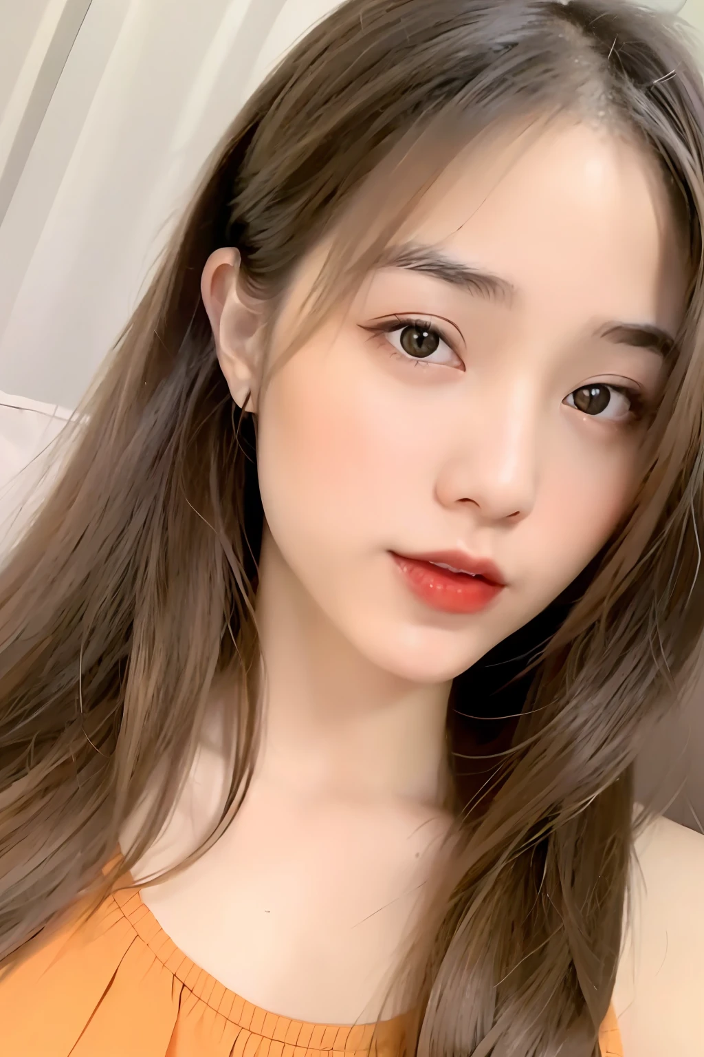 22 years old girl, wearing a knee-length chiffon mini skirt, orange top, orange skirt, girl posing on sofa, brown hair, high bun, upper body, portrait, deep of field, f/0.5, 180mm, girly, pretty, detailed skin description, realistic, 1 girl, natural pose, no boobs, Wavy Bouffant Bun,