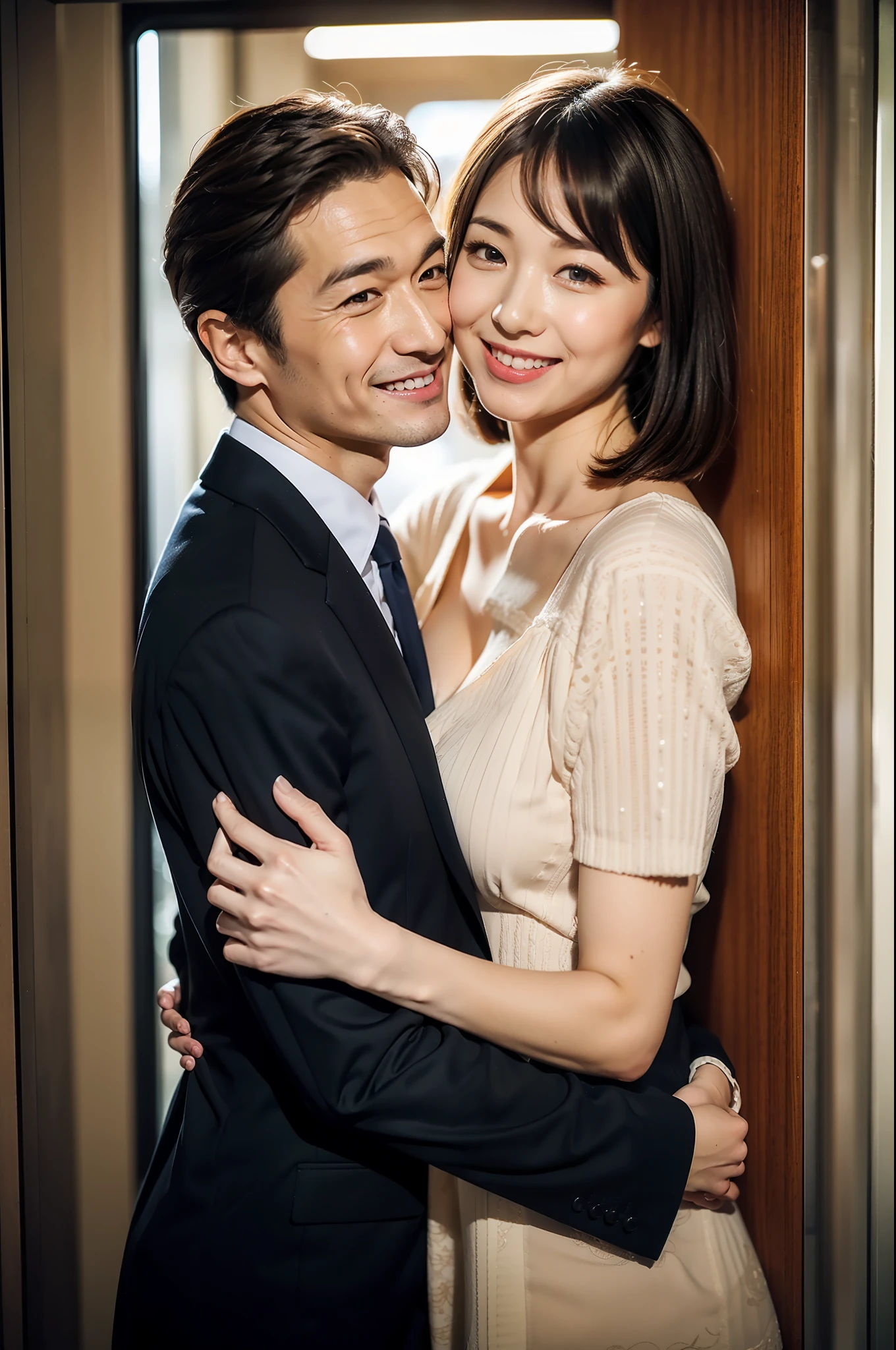 best qualtiy、masterpiece、fidelity:1.3、超A high resolution、(Photorealsitic:1.4)、Couple hugging each other at the entrance(Year difference couple、The woman is tall:1.5、Man is a boy)、1 Most Beautiful Mature Woman in Japan(Obscene big breasts:1.4、Woman wearing a suit、Bob Hair)、1 boy with a cute face(shortsleeves)The ultra -The high-definition、Flirting