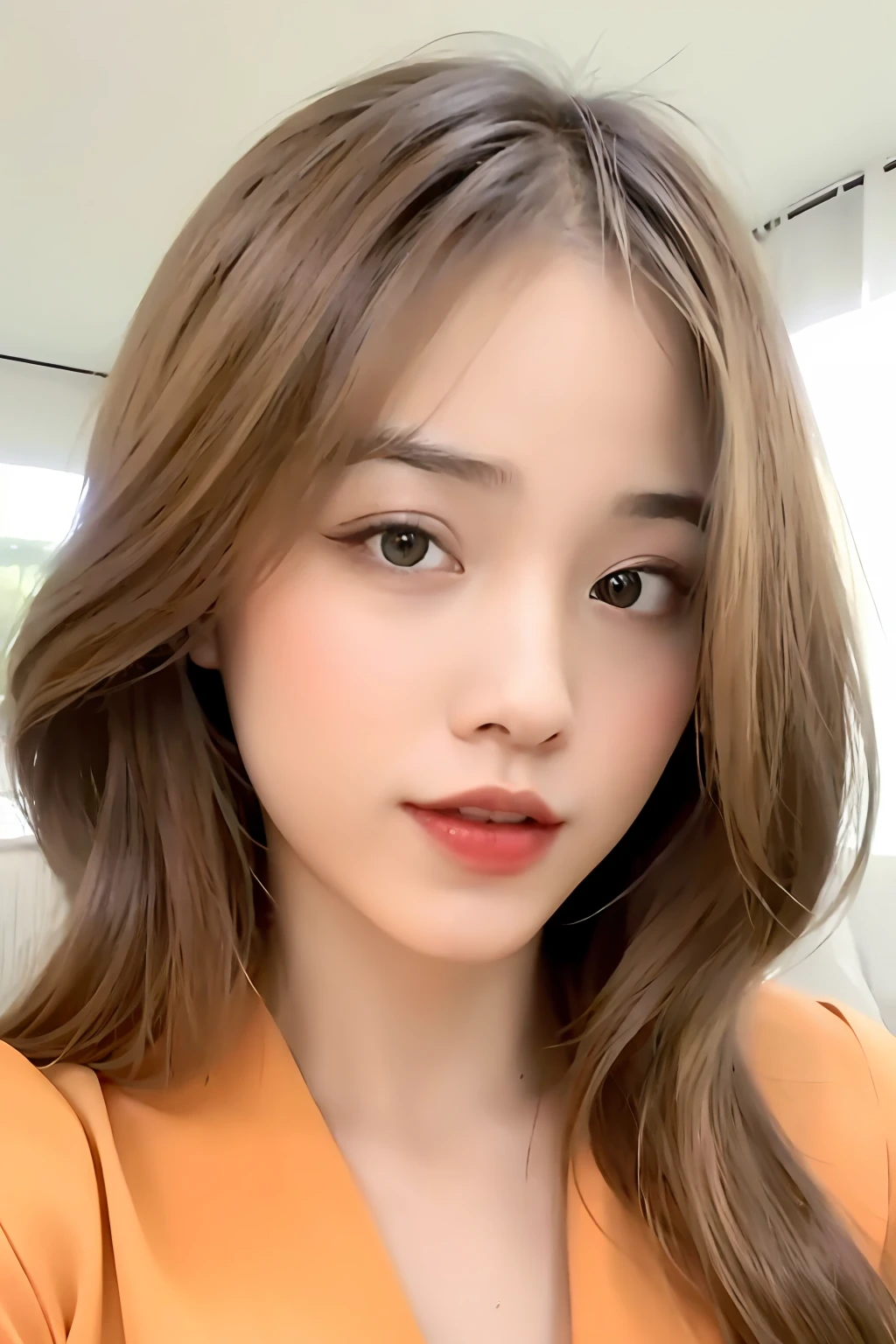 22 years old girl, wearing a knee-length chiffon mini skirt, orange top, orange skirt, girl posing on sofa, brown hair, high bun, upper body, portrait, deep of field, f/0.5, 180mm, girly, pretty, detailed skin description, realistic, 1 girl, natural pose, no boobs, Wavy Bouffant Bun,