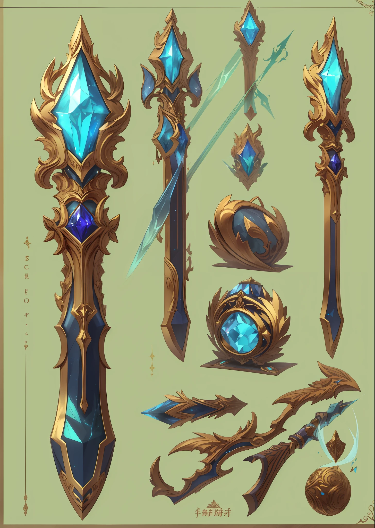Staff, No Man, opulent, Wood texture, Motivating, Set with blue gemstones, estilo fantasia, Weapons exhibition, weapon design, style of anime, Sparkle, Cinematic lighting, first person perspective, Masterpiece, High quality, High details, Best quality
