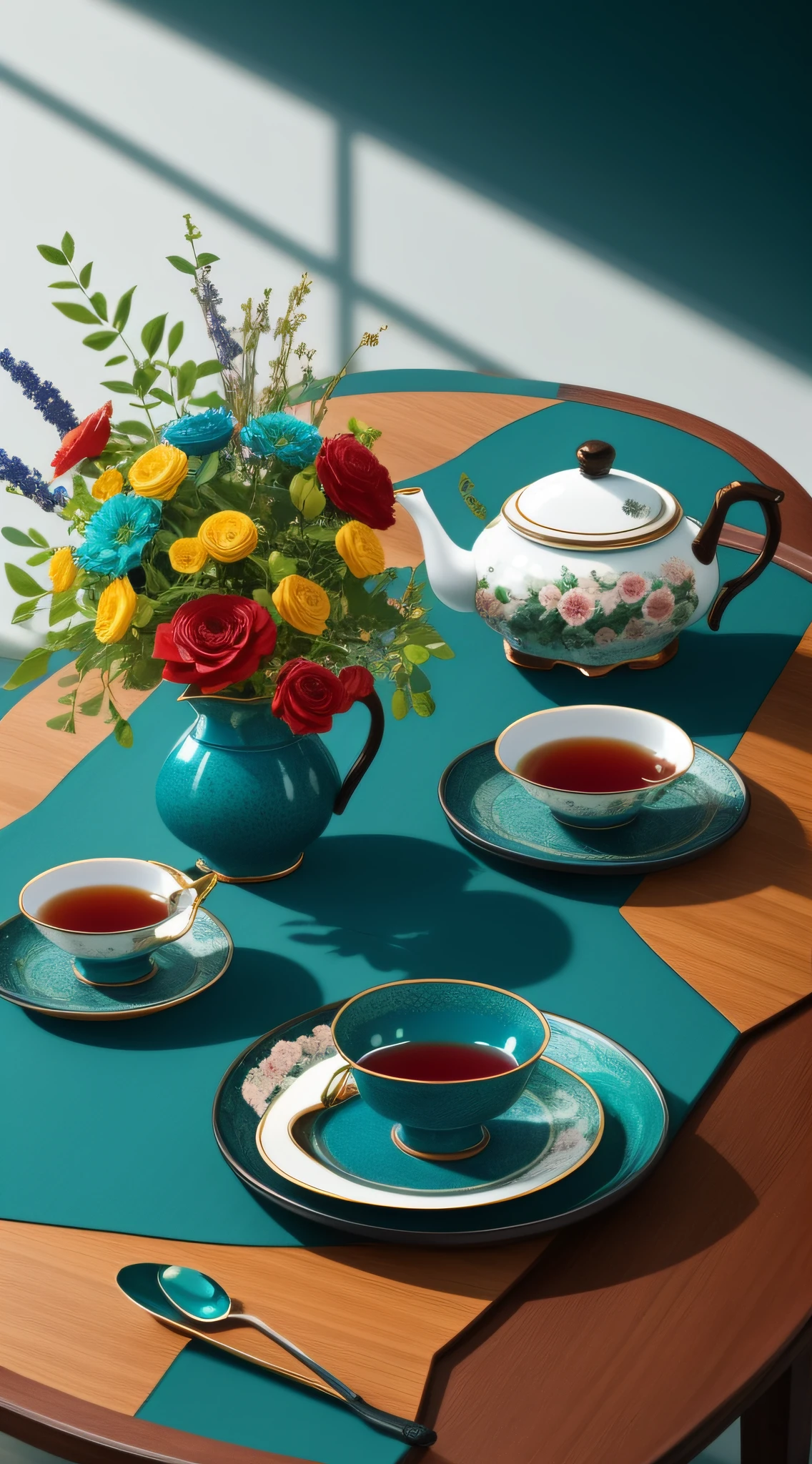 tea drinking with flowers on the table, in thestyle of dark teal and dark brown, cherry blos-soms,asian-inspired，grandiosecolorschemes, sky-blue and green, textural rich-ness.