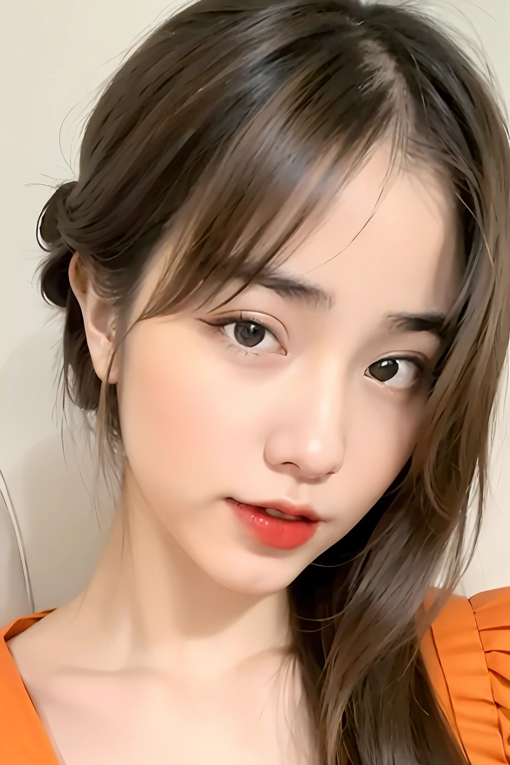 22 years old girl, wearing a knee-length chiffon mini skirt, orange top, orange skirt, girl posing on sofa, brown hair, high bun, upper body, portrait, deep of field, f/0.5, 180mm, girly, pretty, detailed skin description, realistic, 1 girl, natural pose, no boobs, Double Bun Hairstyle,