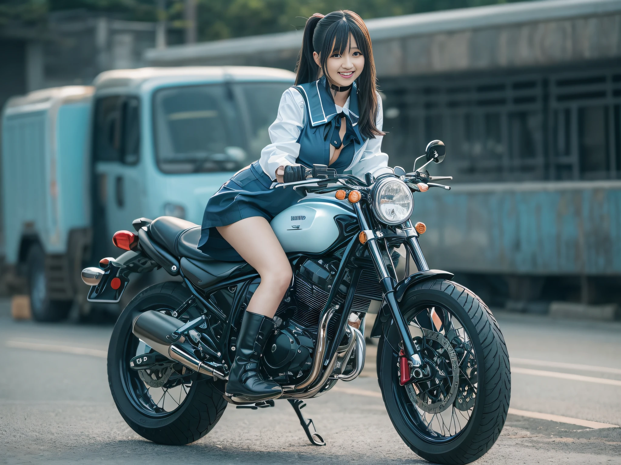 top-quality、超A high resolution、女の子1人、Light blue sailor suit、a miniskirt,(huge-breasted:1.2)、Black boots, riding on motorcycle, long black hair,poneyTail, Photo, Residential area,Live Action,japanes,独奏,Beautiful expression,Wearing black tights,beautiful smiling face,perfect body type,Black choker,Live Action,No logo,No letters,Wearing black stockings,cleavage of the breast