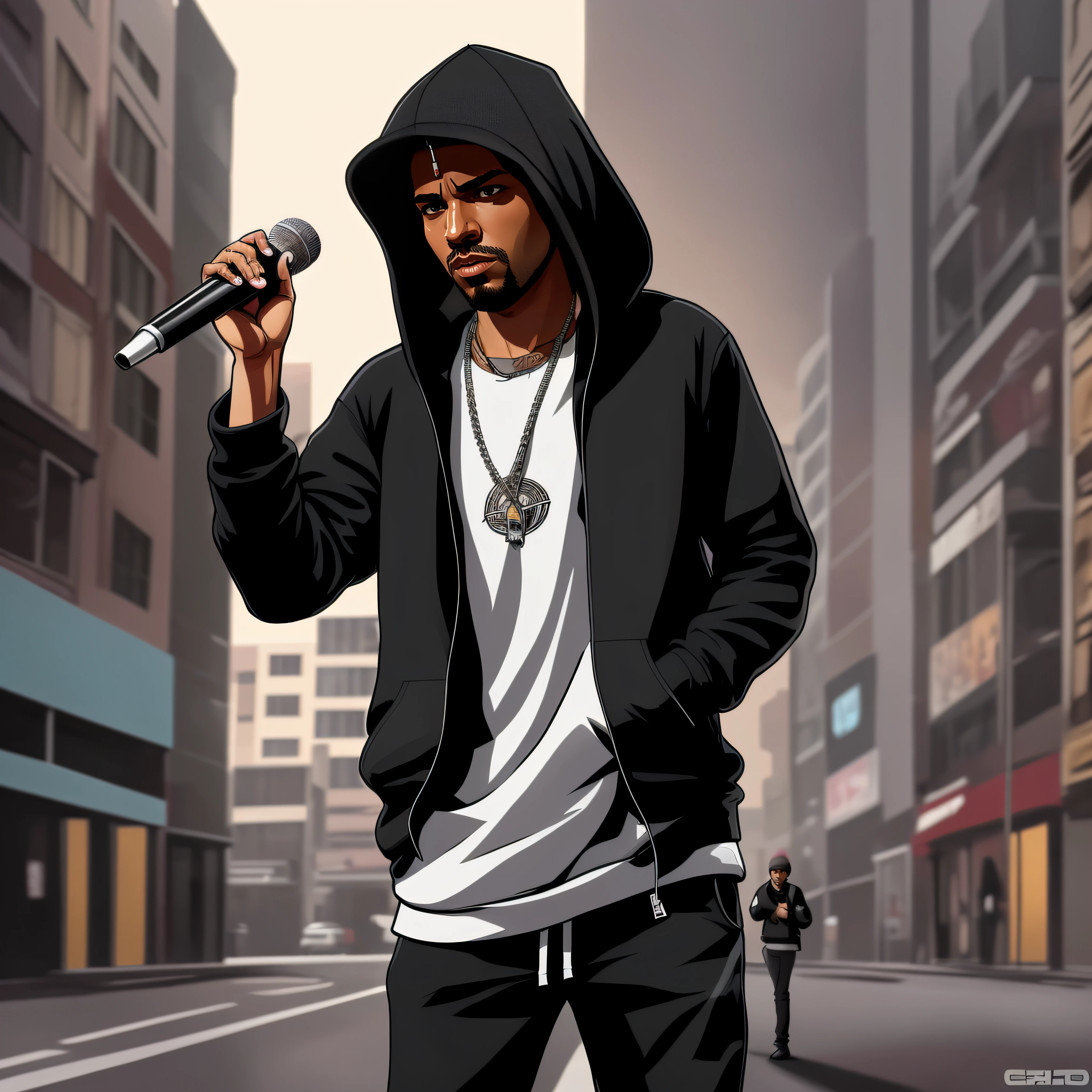 Araff in a black hoodie holding a microphone on a city street, Illustration HD, style of gta v artworks, official artwork, Hip - hop album cover, Working at headquarters, Hip hop album cover, 2D Game Art GTA Cover, 2 D Game Art GTA Cover, Rap album cover, Rap album cover, Fan Art, Hip-hop album cover