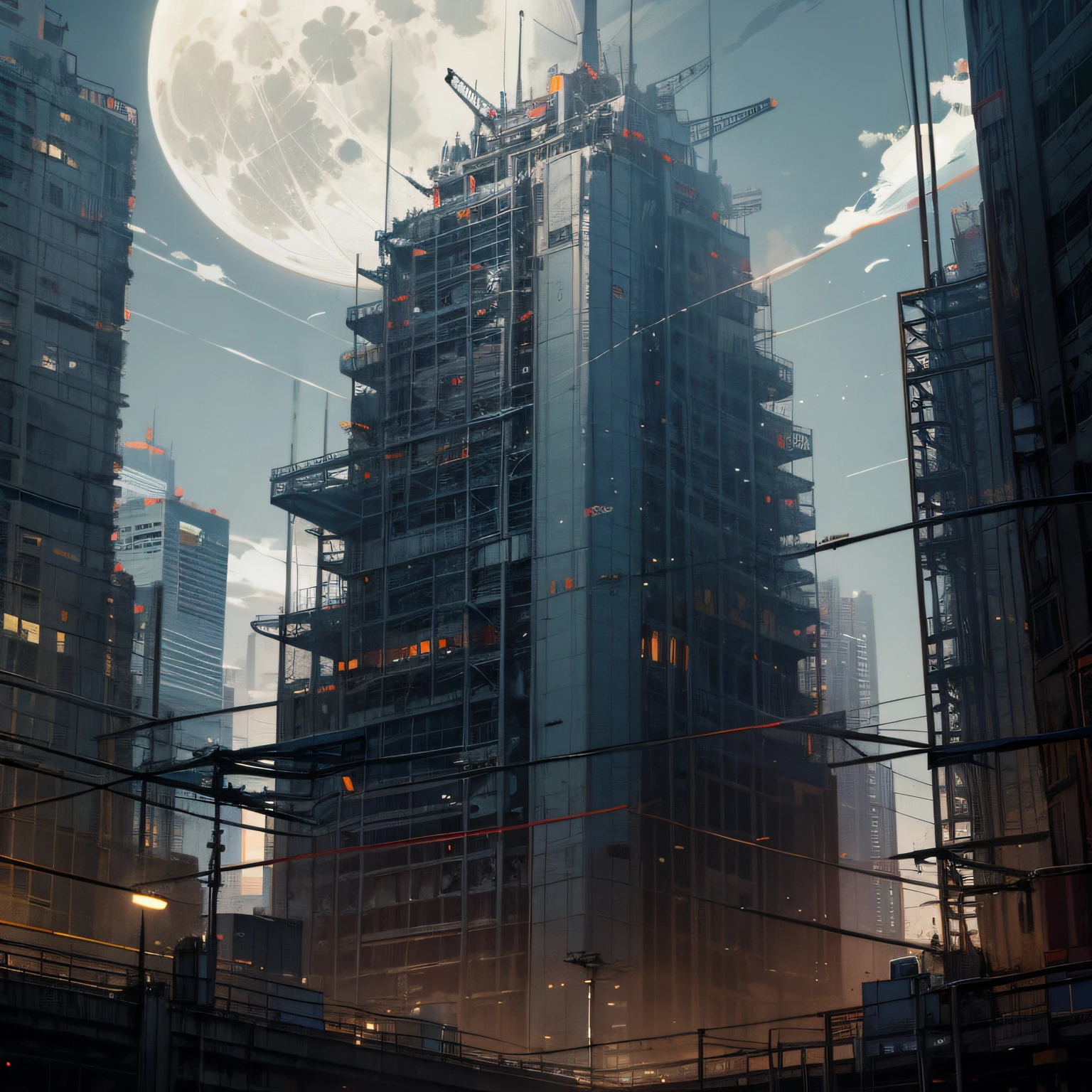 orange LIGHTS FLYING AROUND, cute, big eyes, masterpiece, full moon, skyscrapers, street, BLACK HIGHLIGHTS