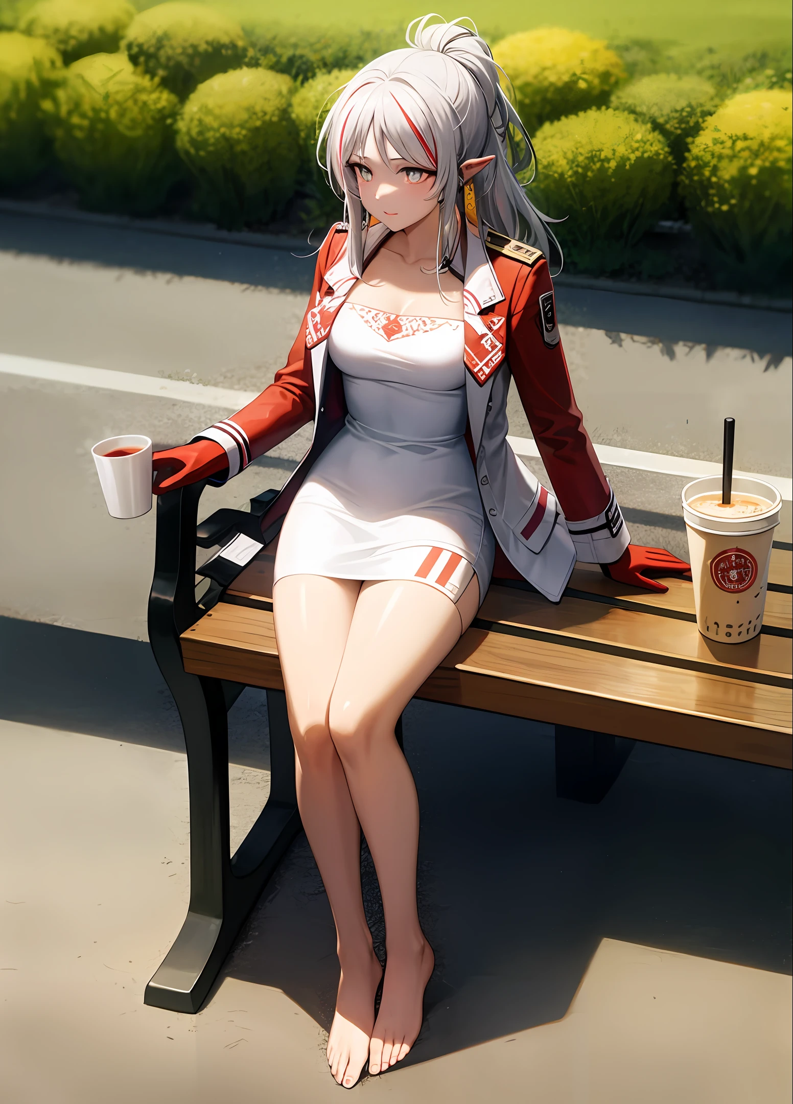 An 18-year-old girl,brown skin tone,Long white hair,Golden pupils,45 degrees to the right,15 degrees down the head,Orange trench coat,White dress long dress,The barefoot,Reclining on a bench,Lift the left sideburns with the left hand and protect the chest with the right hand,A cup of milk tea is placed at the end of the bench