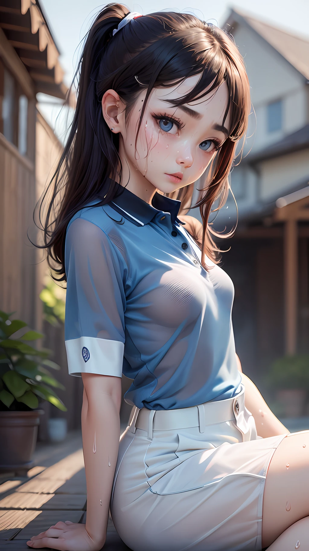 女の子1人、独奏、White polo shirt、White sneakers、Tennis Wear、White mini skirt、​masterpiece、top-quality、realisitic、Hyper-detailing、(Glossy skin、be sweaty:1.5)、absurderes、Looking at the camera、short dark hair、brown-eyed、A slender、动态照明、hight resolution、foco nítido、depth of fields、A detailed eye、Sharp eyes、Realistic eyes、(small tits:1.6)、(thick thight:1.0)、outside of house、Skysky、(Sheer polo shirt:1.5)
