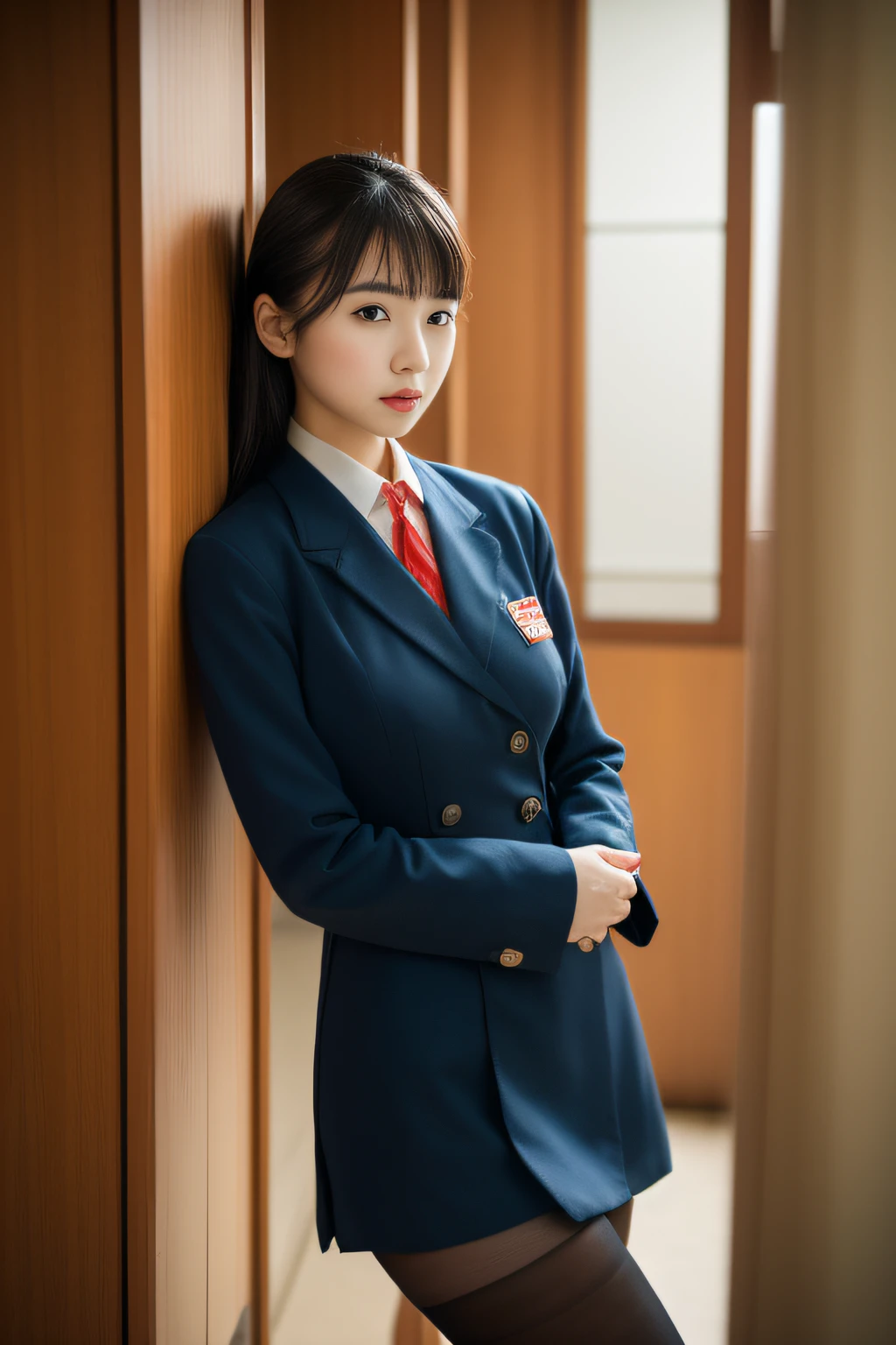 An Asian girl,23years old,Delicate facial features,Vivid eyes,Tall and tall,long leges,Large breasts,tmasterpiece,8K,primitive,professional photoshooting,depth of fields,stewardess,校服,black pantyhoses,randome pose,Fujifilm style