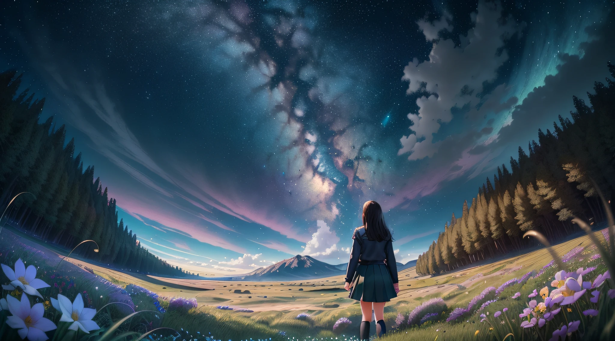 (masterpiece), (best quality), (ultra-detailed), (Amazing:1.1), 12mm f2.8 lens, midnight view, starry skies fantasy, ((((full body), back shot, lie))), ((((A high school girl with a full body back shot in the wilderness)))), (((((lie on the grass without looking at me))))), ((A beautiful high school girl lost in a surreal world of dreamlike landscapes)), (17 yr old), (((An over the horizon grassy road))), wind flow, flowers bloom, (((wearing simple school uniform))), black hair, 8 life size, detailed hairstyles, detailed bodyline, (((fantasy))), frontier, surrealism, (magnificent space), concept art, raw, wallpaper, poster, sharp focus, hyperrealism, crystalline, perfectionism, 4k UHD,