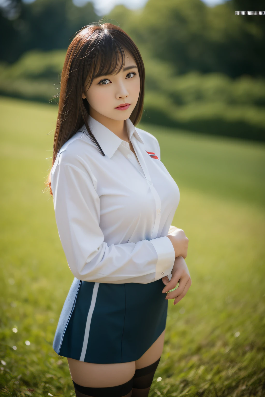 An Asian girl，23years old，Delicate facial features，Vivid eyes，Tall and tall，long leges，Large breasts，tmasterpiece，8K，primitive,professional photoshooting，depth of fields，stewardess，校服，black pantyhoses，randome pose，Fujifilm style