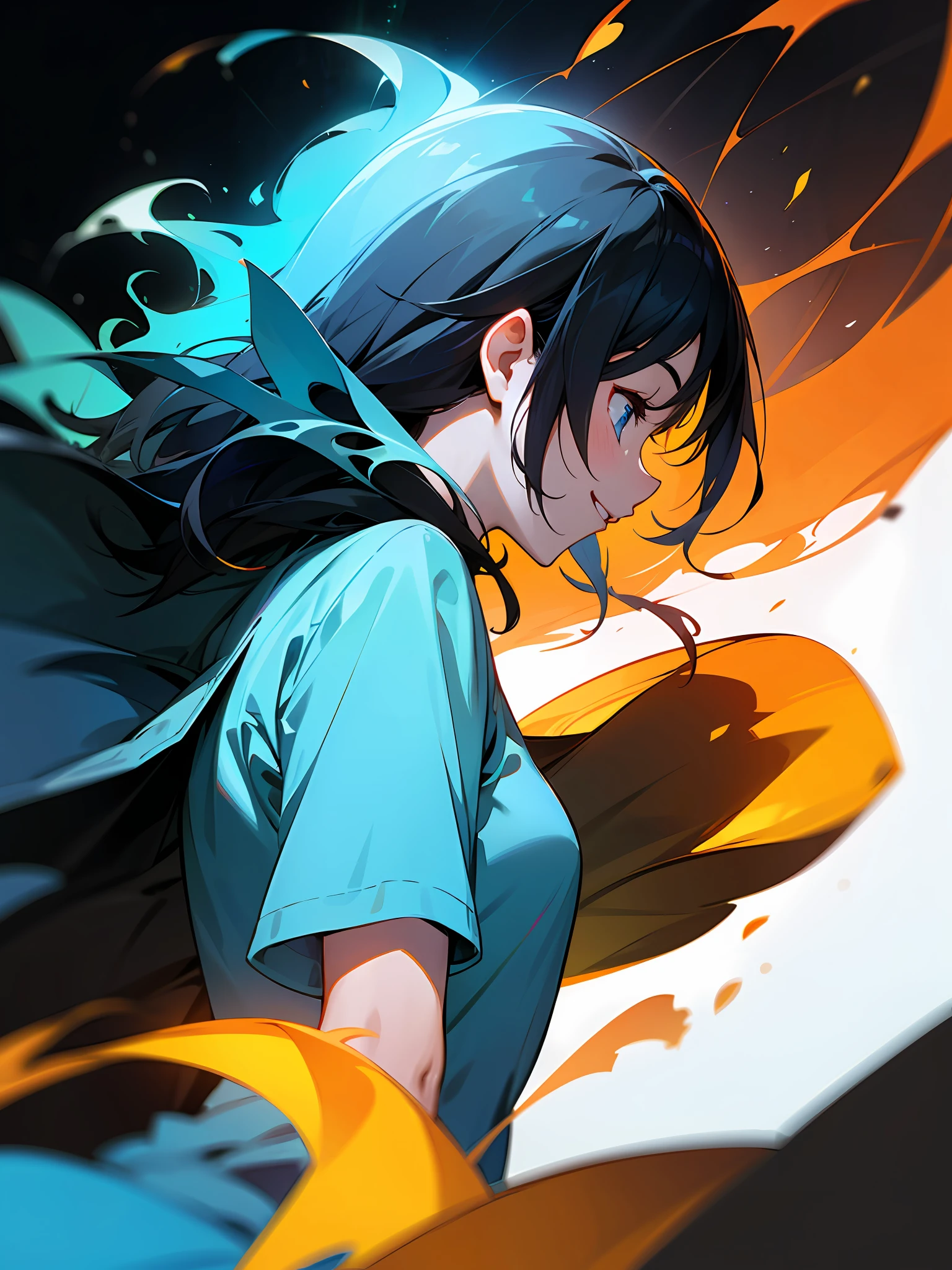 high-level image quality、High-resolution CG illustrations、Blue T-shirt、a smile、Black hair medium hair、ember、with a pure white background、profile --auto