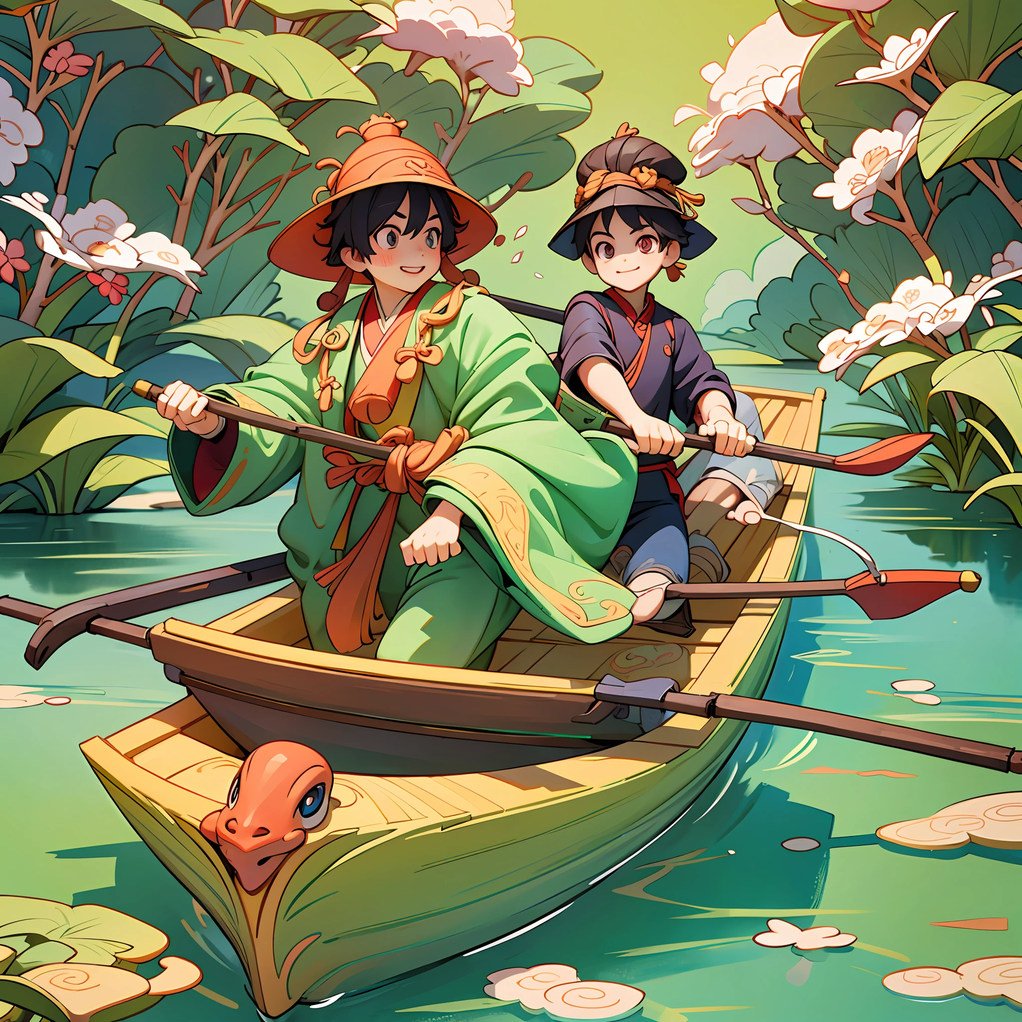 Poster design, (SFW), two rowing boys, Chinese dragon, spring outing, happy, background is a small river interspersed in Chinese street, perfect quality, clear focus, colorful, perfect face, intricate details, ultra-low viewing angle, wide angle lens