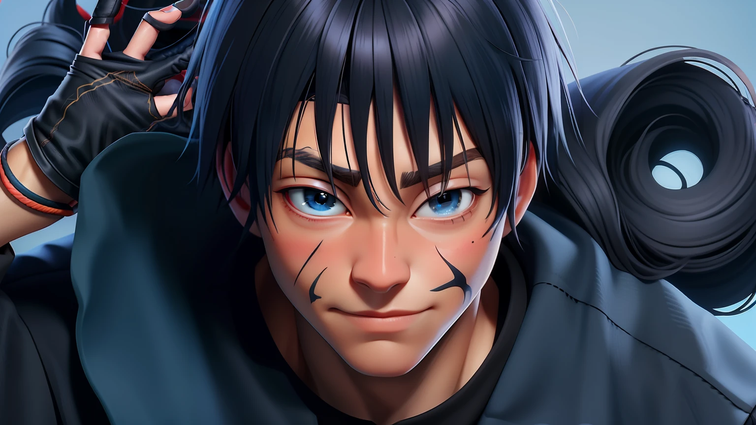 Toji fushiguro, Realitic Anime Art, Toji Anirap, Toji, Jujutsu Kaisen Art, Jujutsu kaisen, Detailed Hair, Detailed Eyes, Detailed Nose, blue background, oil paint, black hair, mouth scar, sword, Black shirt, 20 year old guy, assassin