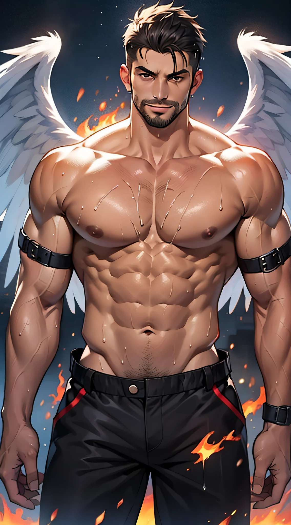 1 man, young middle-aged man, smirks, solo, white skin, muscular, muscle man, tall, hunk, big biceps, abs, wide shoulder, open chest, facial hair, black short hair, wet body, wet hair, shirtless, viewer looking, high resolution:1.2, best quality, full body, flat style, dark sky, a male angel with huge black wings, fire on the ground, dark angel, black wing,
