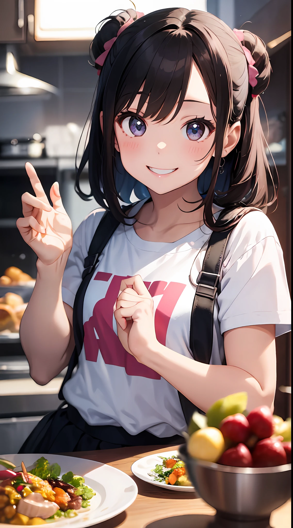 !The image of a cute girl who likes pink, appearance々Eat a feast of dishes, With a smile and posing for the camera, With cute gestures.