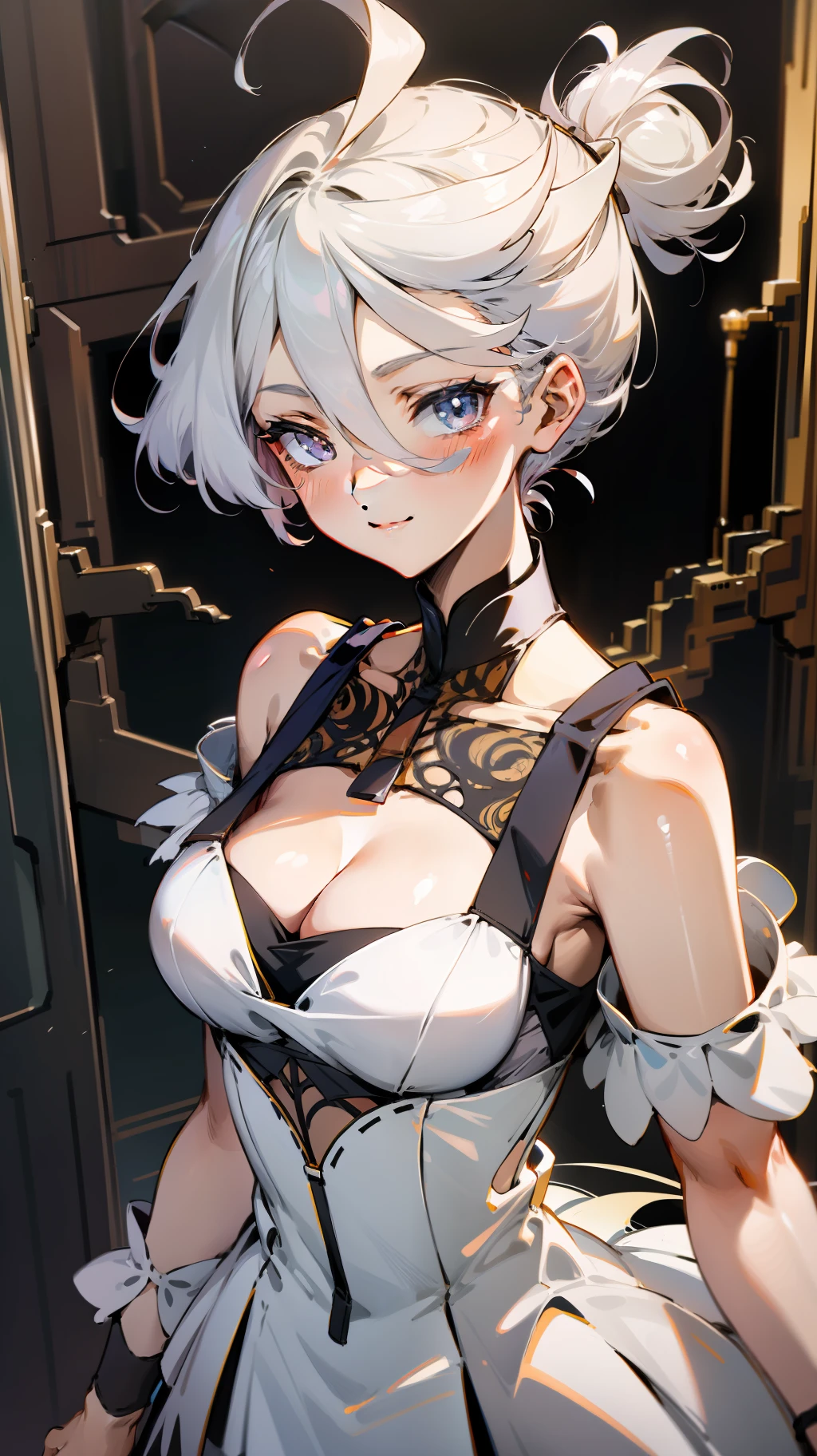 "Miorine with a silver hair bun, wearing an intricate white party dress with open shoulders. She has a moderate bust, with cleavage visible. She is looking at the viewer, slightly higher, blushing and giving a shy smile."