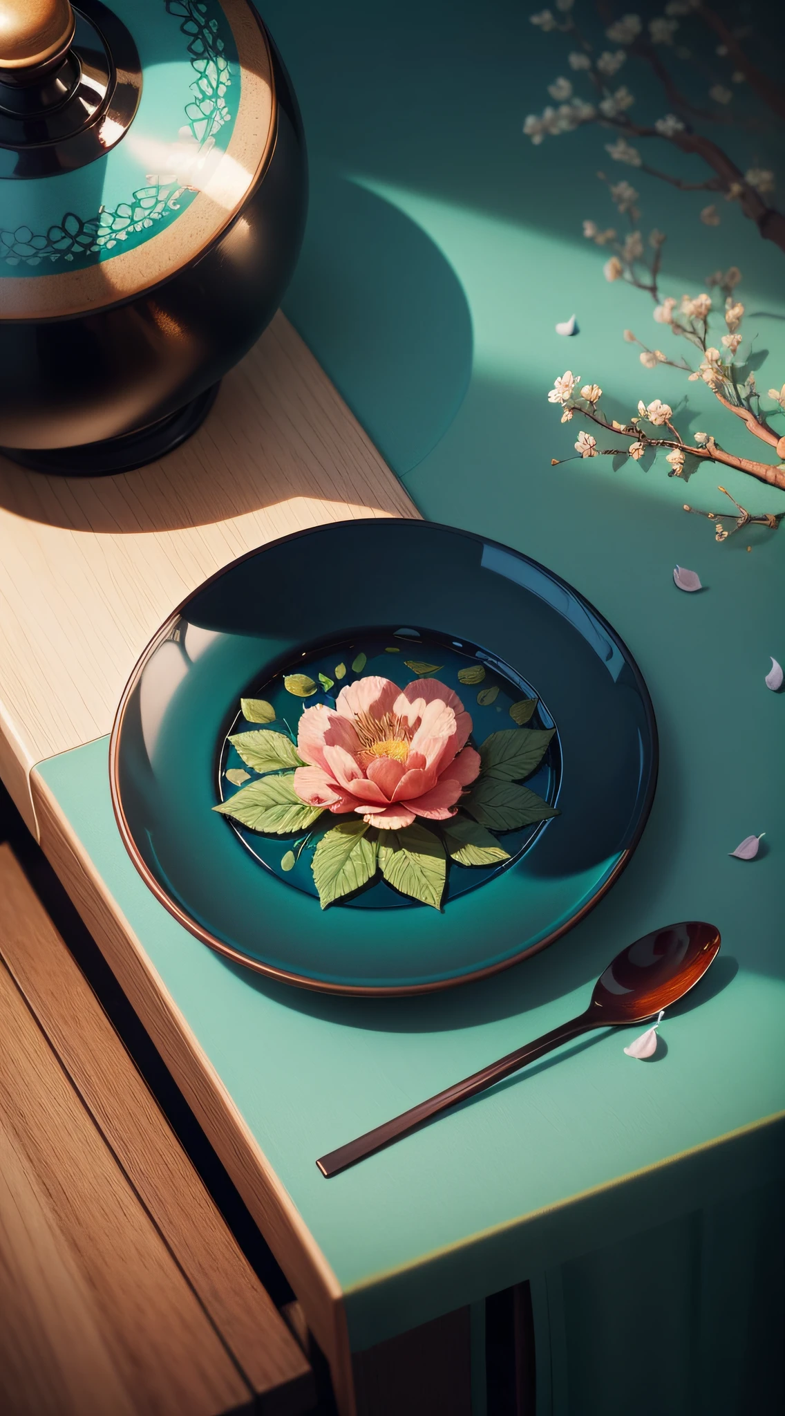 tea drinking with flowers on the table, in thestyle of dark teal and dark brown, cherry blos-soms,asian-inspired,grandiosecolorschemes, sky-blue and green, textural rich-ness.