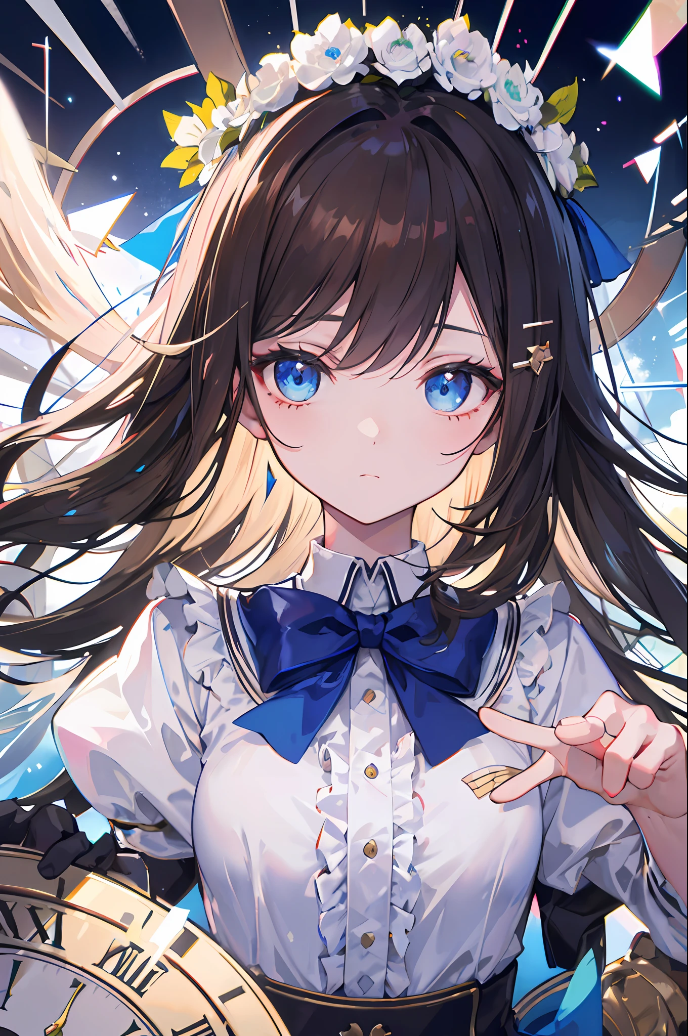 ((illustration)), ((floating hair)), ((chromatic aberration)), ((caustic)), lens flare, dynamic angle, ((portrait)), (1 girl), ((solo)), ((hidden hands)), asymmetrical bangs, (beautiful detailed eyes), ((huge clocks)), ((glass strips)), (floating glass fragments), ((colorful refraction)), (beautiful detailed sky), ((dark intense shadows)), ((cinematic lighting)), ((overexposure)), (expressionless), big top sleeves, ((frills)), hair_ornament, ribbons, bowties, (((small breast))), pleated skirt, ((sharp focus)), ((masterpiece)), (((best quality))), ((extremely detailed)), colorful, brown hair,blue eyes,long hair,white flower,flower on head